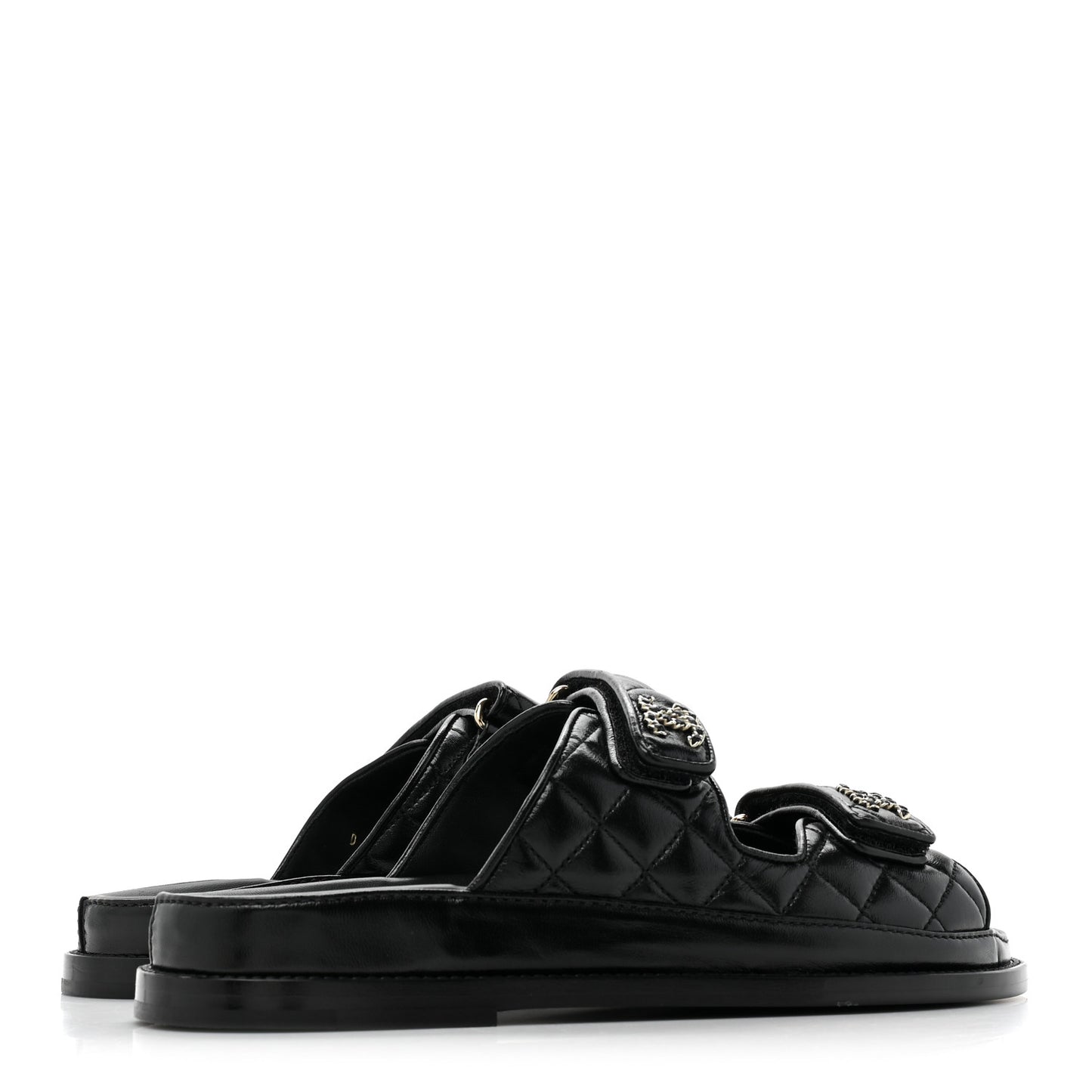Lambskin Quilted Velcro Dad Chain CC Slide Sandals 38 Black