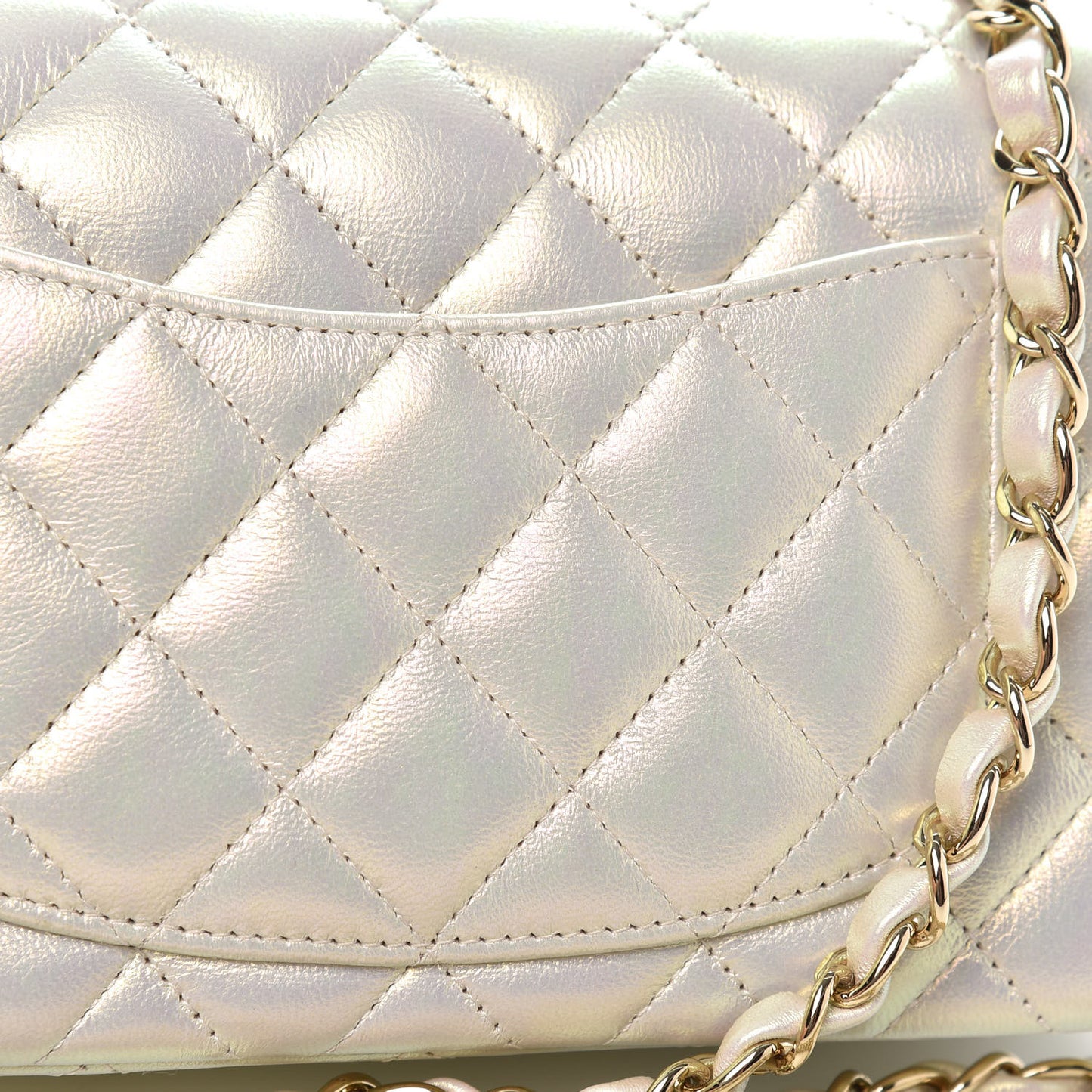 Iridescent Lambskin Quilted Mini Rectangular Flap Ivory