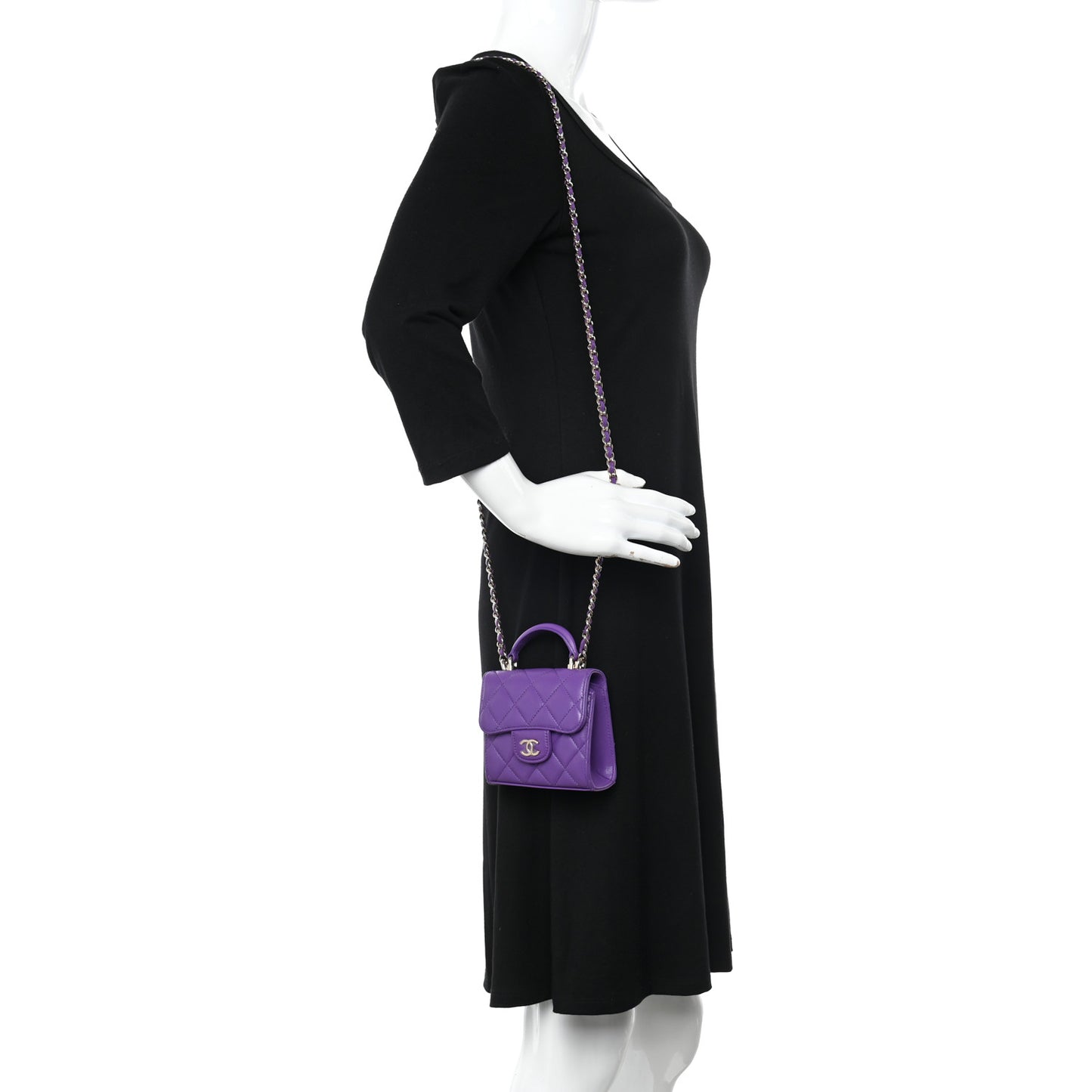 Lambskin Quilted Top Handle Clutch With Chain Purple