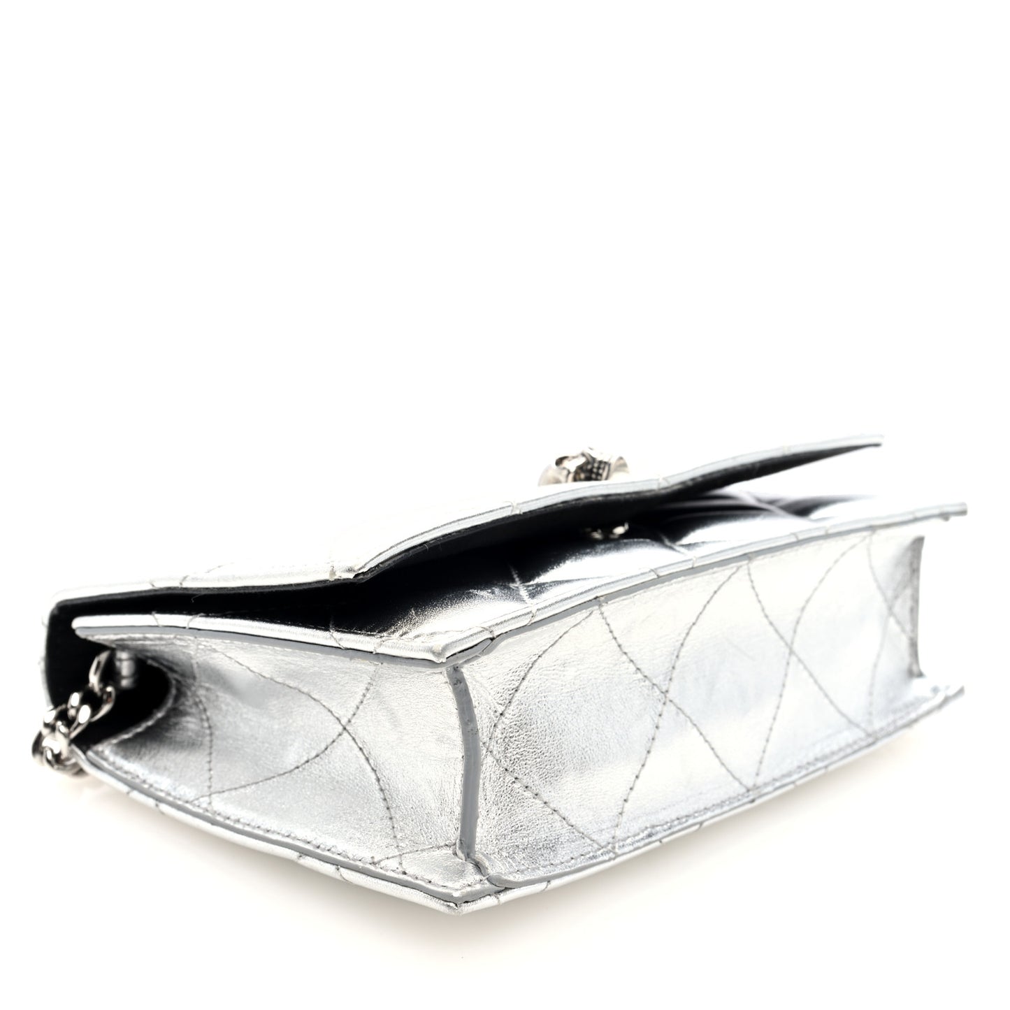 Metallic Calfskin Quilted Graffiti Skull Small Chain Crossbody Bag Silver