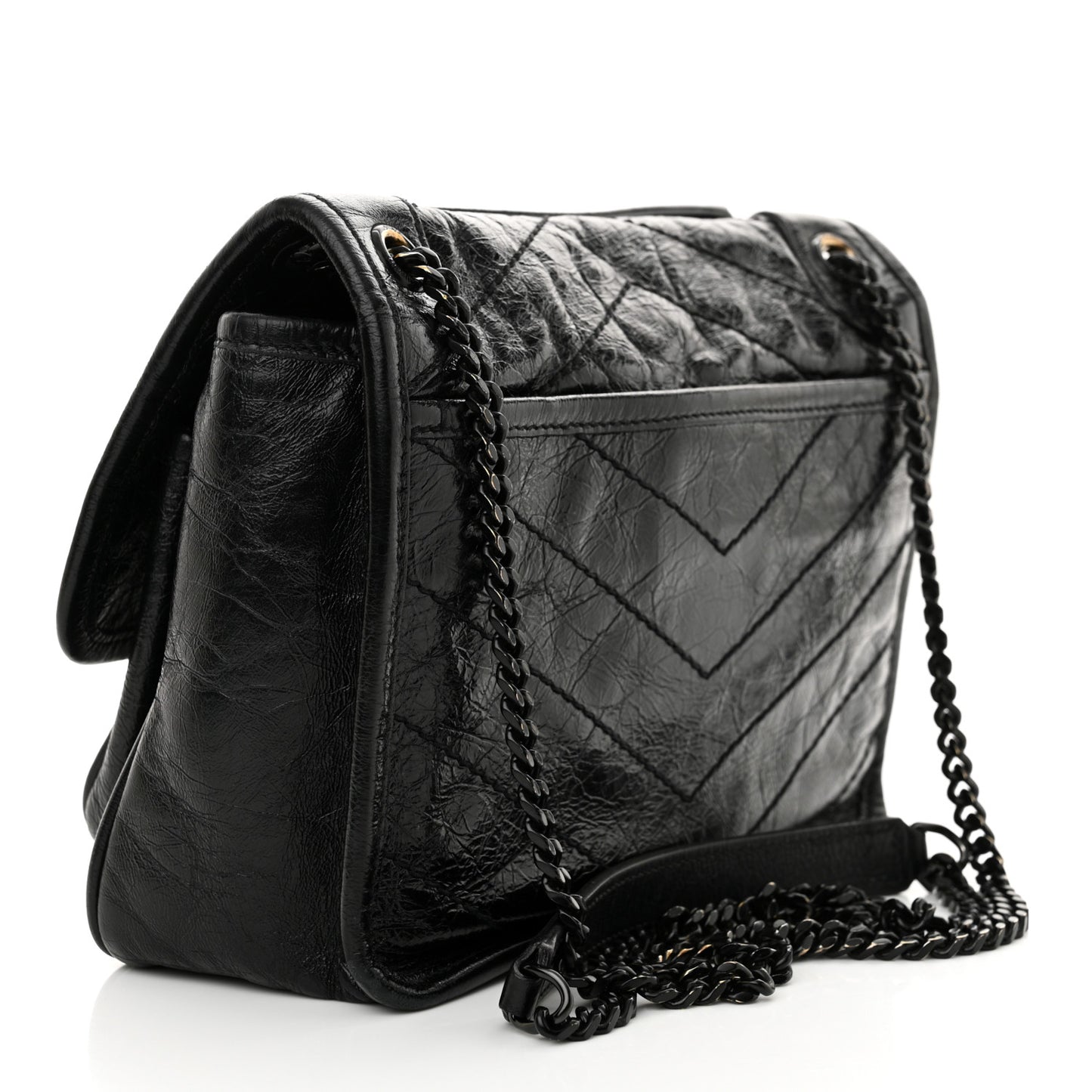 Crinkled Calfskin Matelasse Monogram Baby Niki Chain Satchel Black