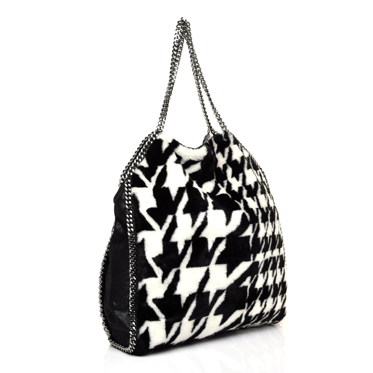 Eco Fur Houndstooth Big Falabella Fold Over Tote Black White