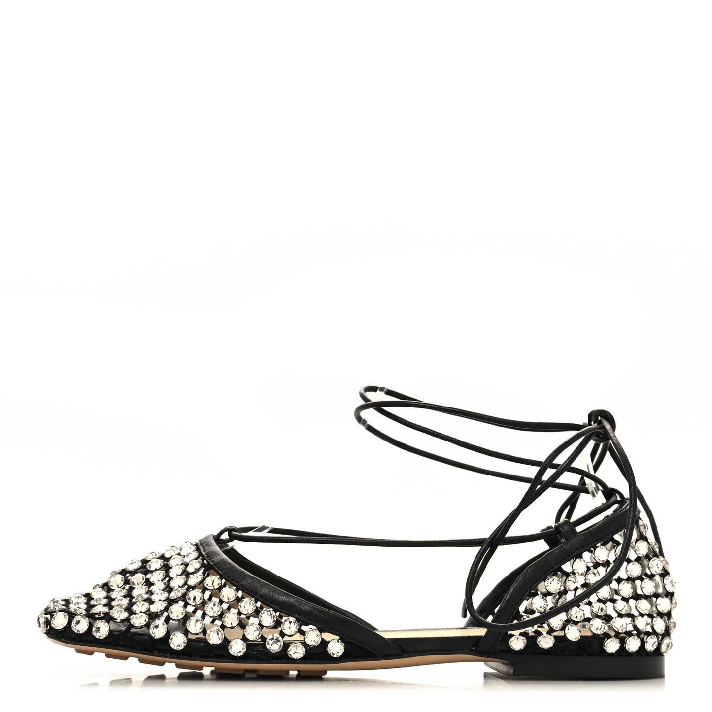 Mesh Nappa Crystal Embellished Sparkle Stretch Ankle Tie Flats 37 Black