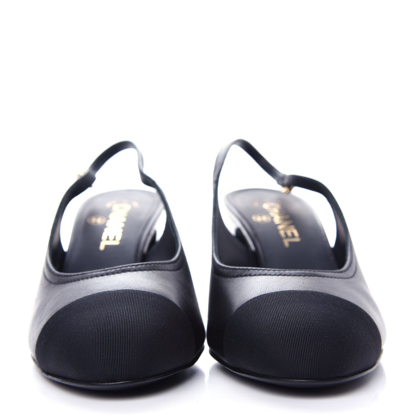 Lambskin Grosgrain Crystal Cap Toe Logo Slingback Pumps 38.5 Black