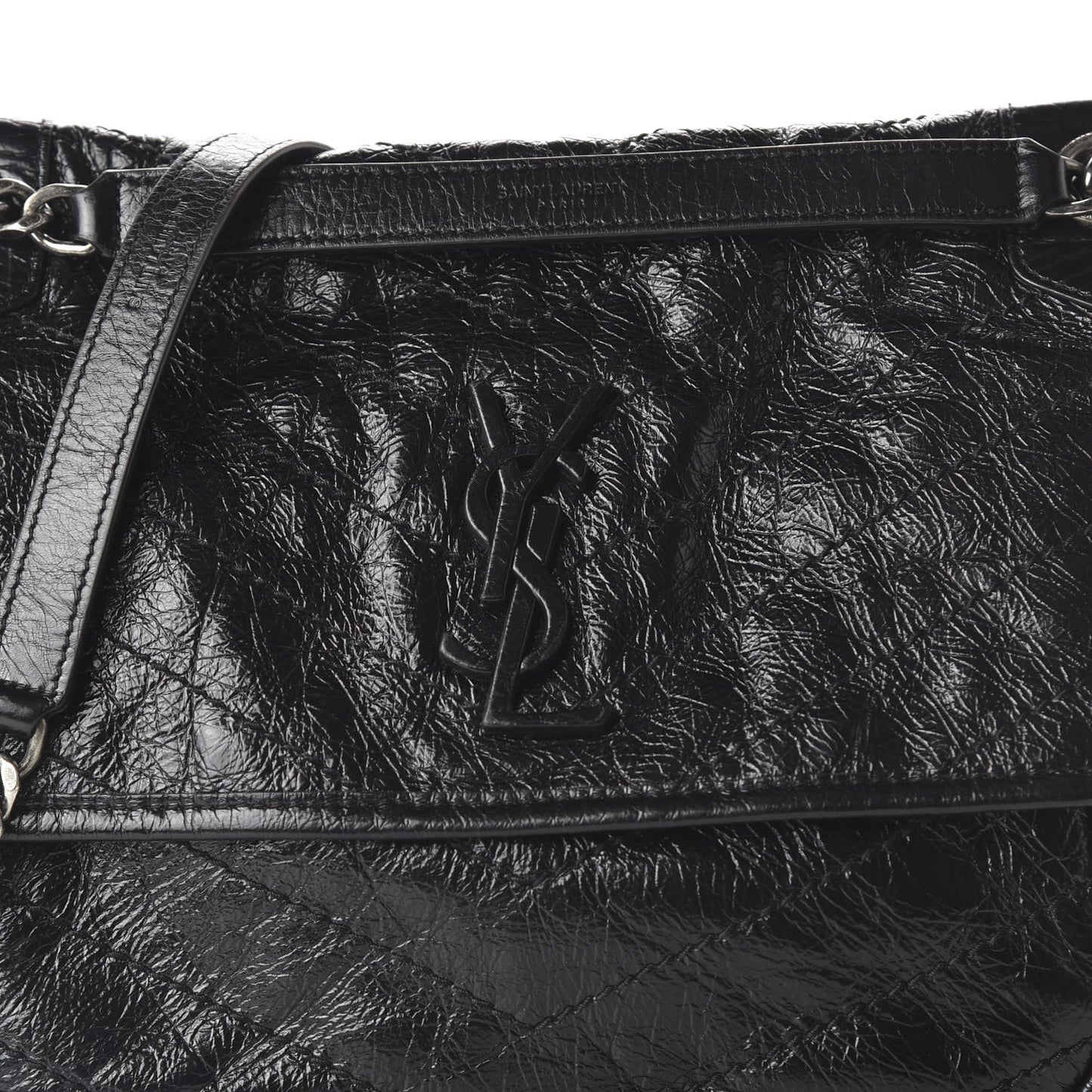 Crinkled Calfskin Matelasse Monogram Medium Niki Chain Satchel Black