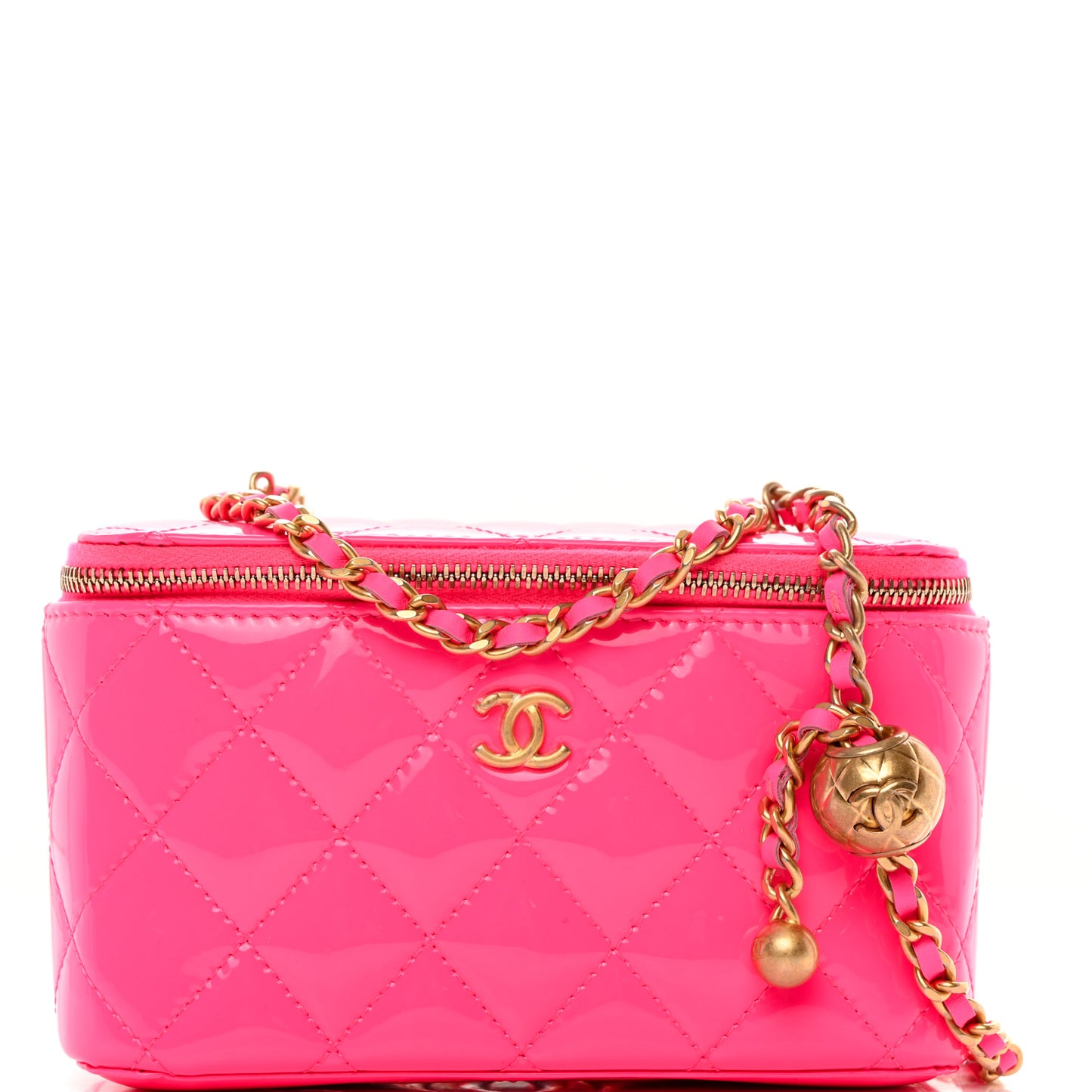 Patent Quilted Pearl Crush Small Vanity Case With Chain Neon Pink