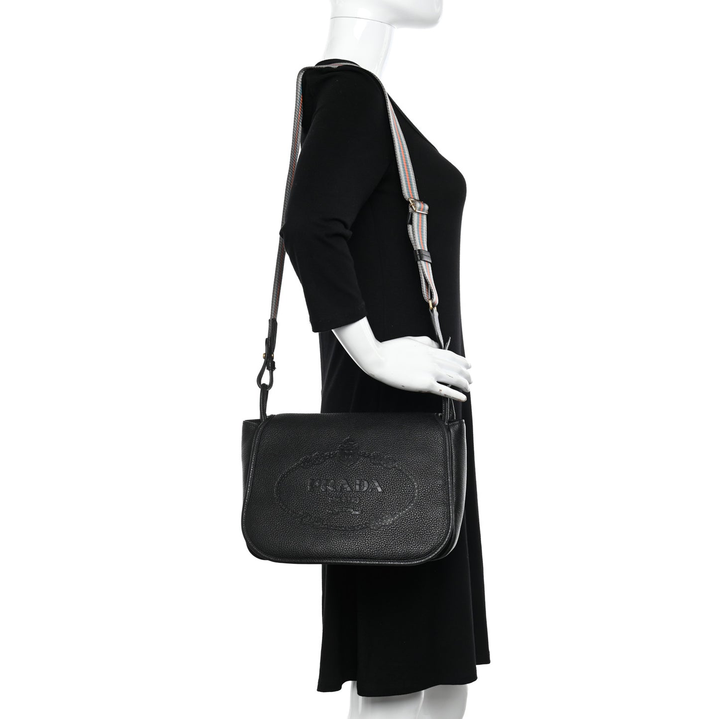 Vitello Daino Embossed Logo Flap Shoulder Bag Black