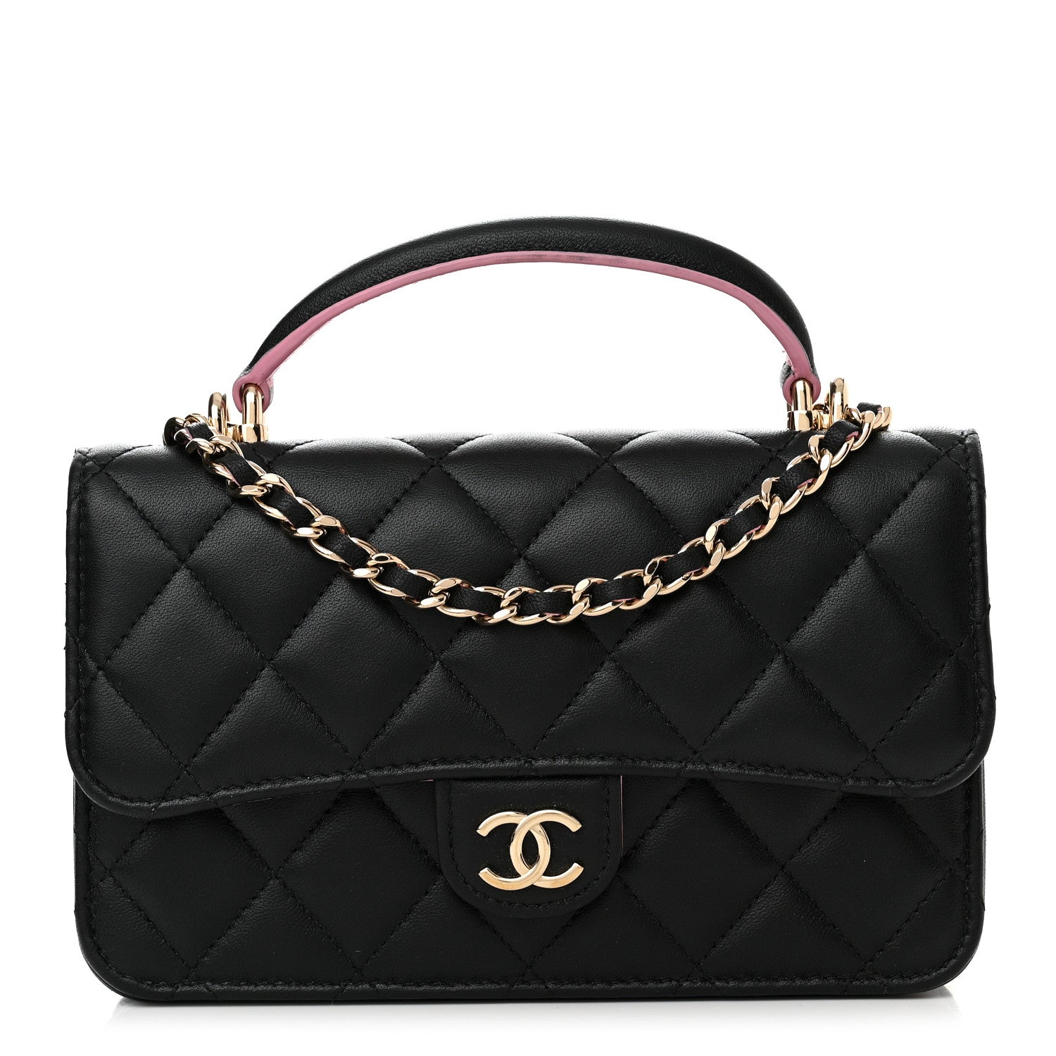 Chanel Lambskin Quilted Flap Phone Holder With Chain Black Lilac