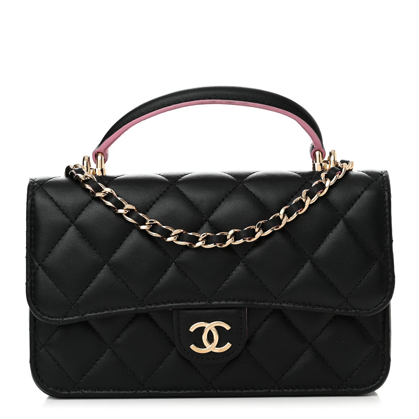 Lambskin Quilted Flap Phone Holder With Chain Black Lilac
