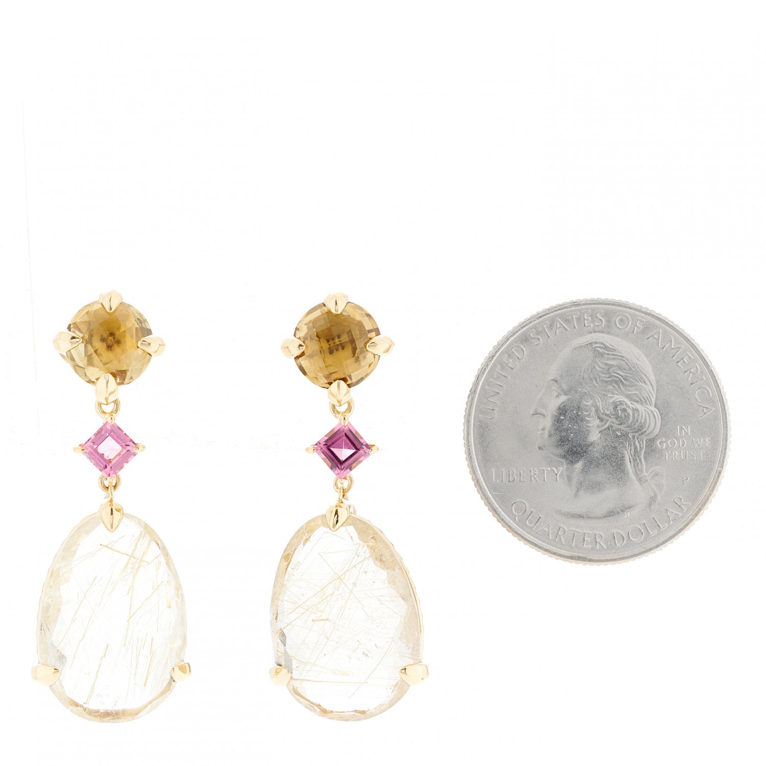 David Yurman 18K Yellow Gold Rutilated Quartz Pink Tourmaline Citrine Chatelaine Drop Earrings 2 of 5