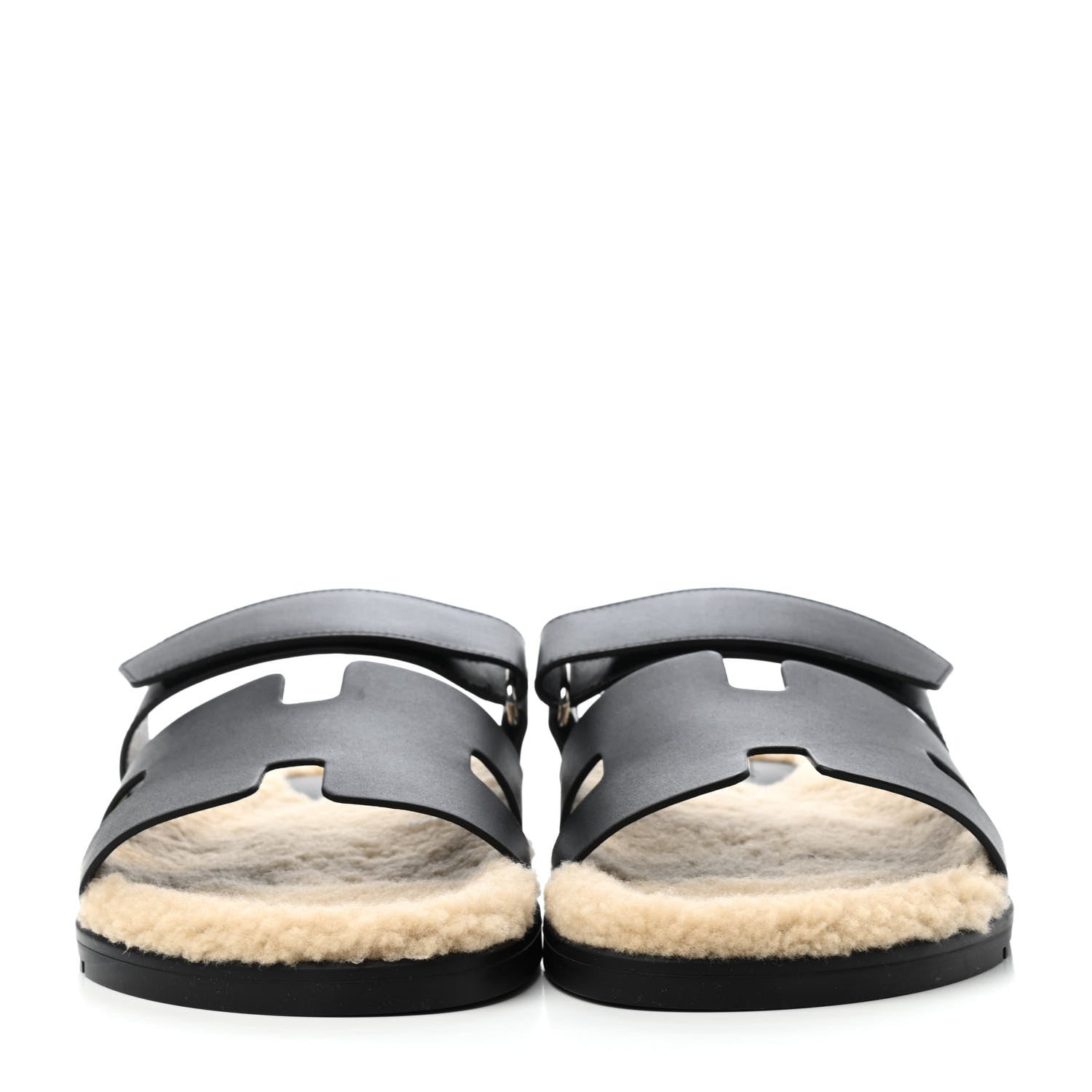 Hermes Veau Indios Woolskin Mens Chypre Sandals 42 Black Ecru 2 of 4