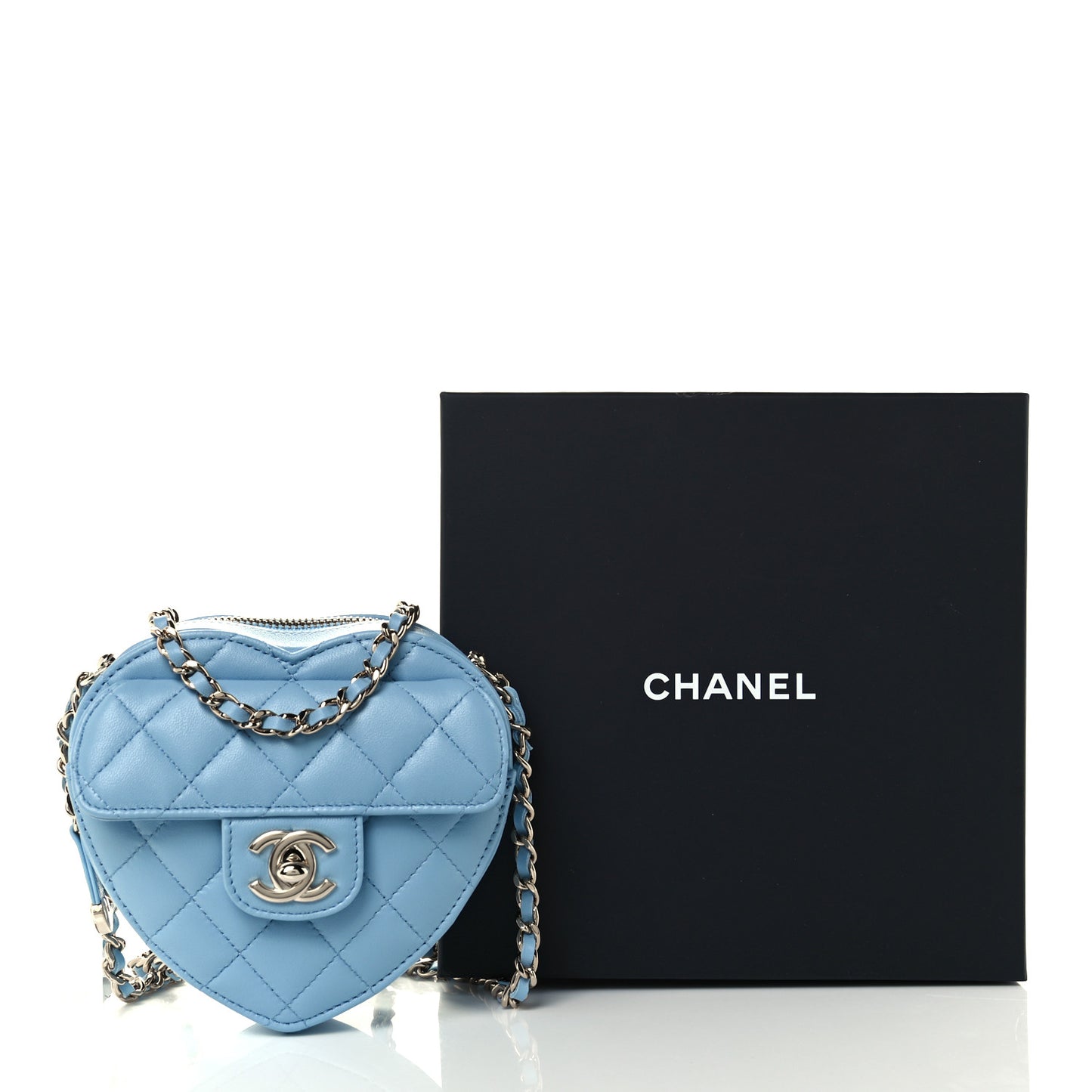 Lambskin Quilted CC In Love Heart Clutch With Chain Light Blue