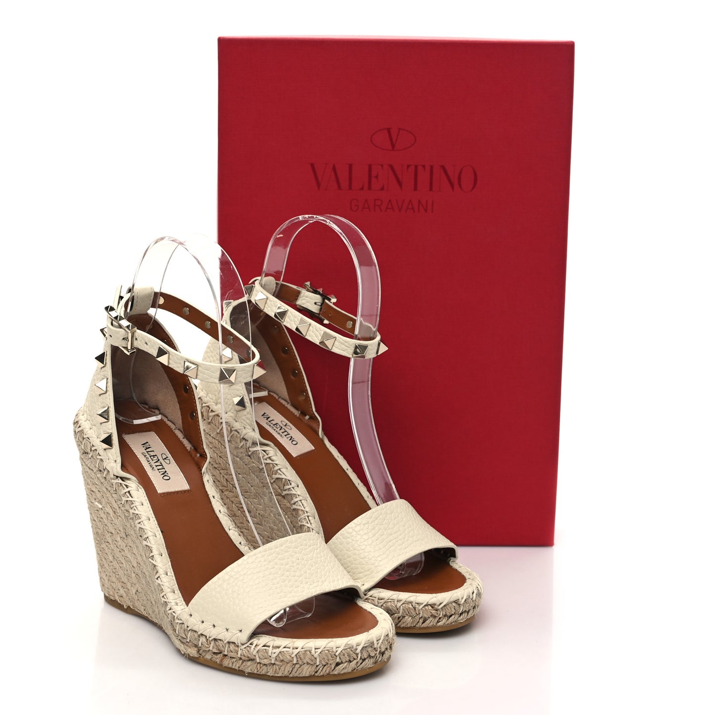 Grained Calfskin Rockstud Ankle Strap Espadrille Wedge Sandals 35 Light Ivory