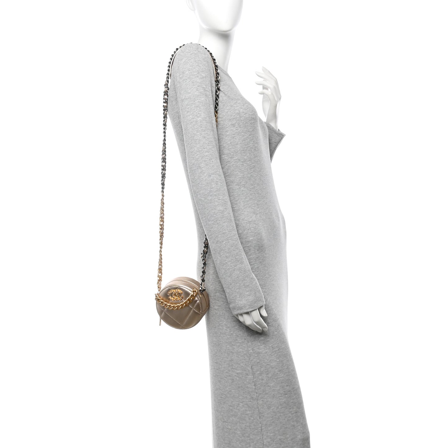 Metallic Lambskin Quilted Chanel 19 Round Clutch With Chain Gold