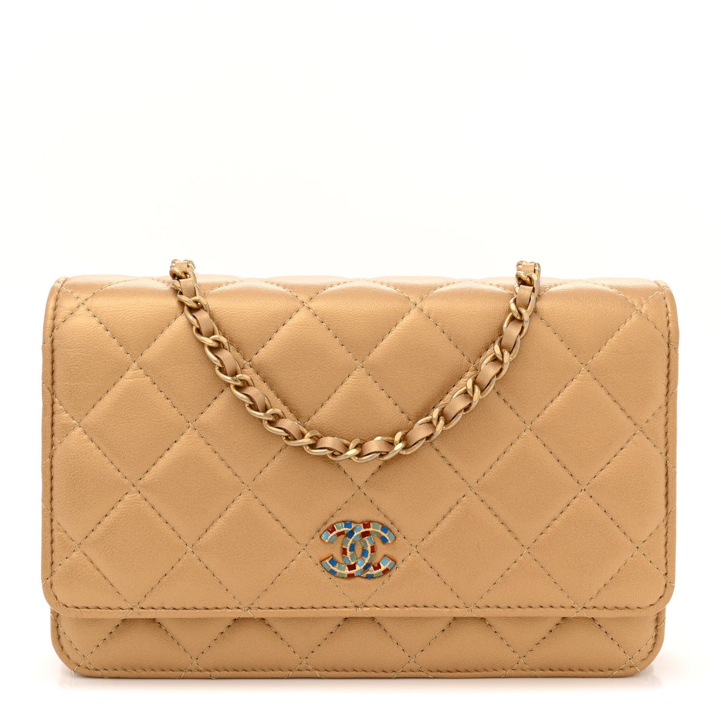 Metallic Lambskin Quilted Enamel Wallet On Chain WOC Gold