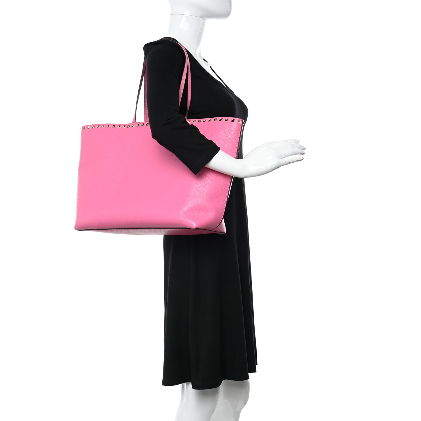 Grained Calfskin Rockstud Shoulder Tote Feminine Pink