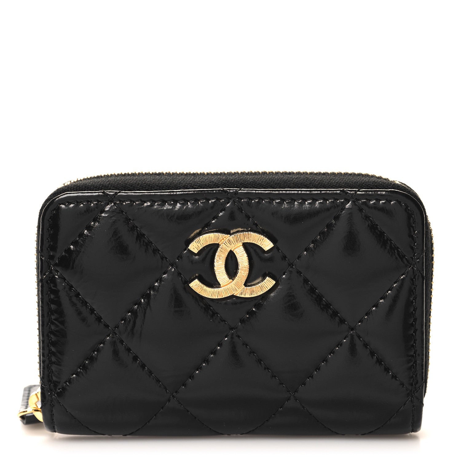 Chanel Shiny Lambskin Quilted Textured CC Zip Coin Purse Black 1 of 8