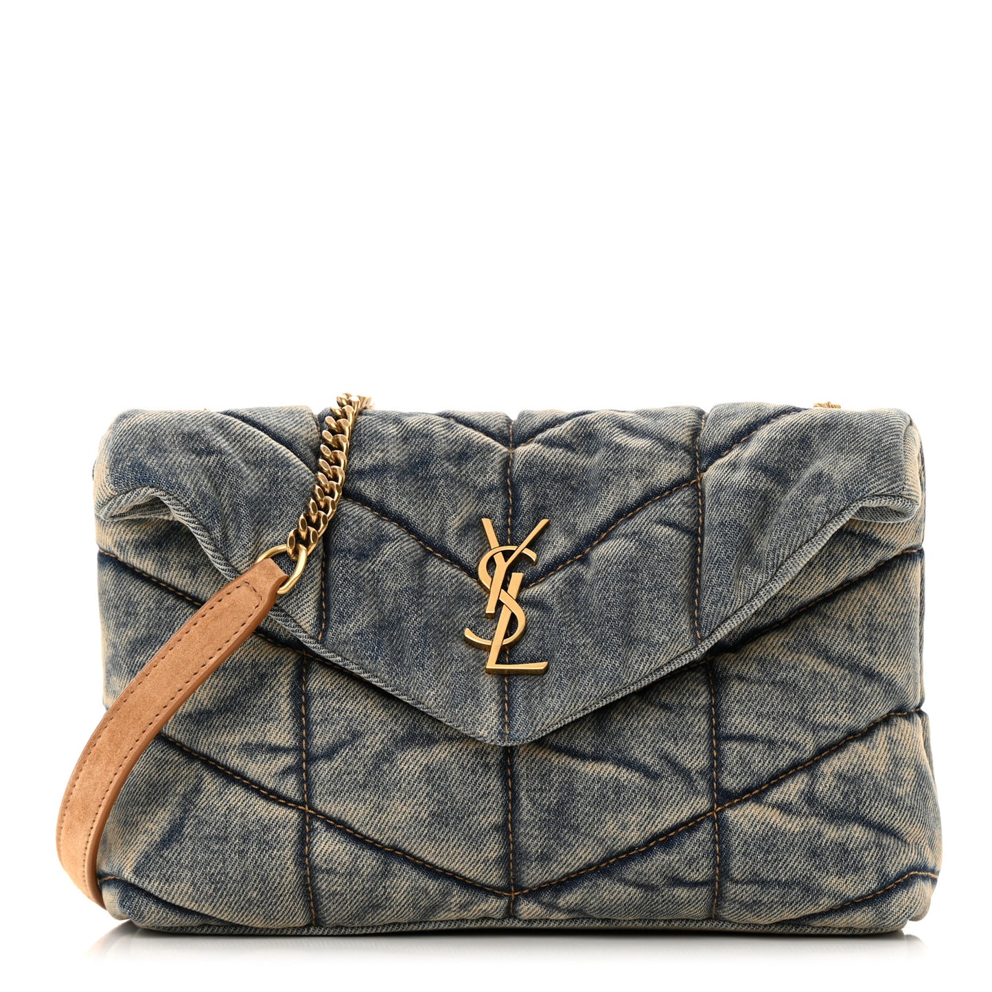 Denim Quilted Toy Loulou Puffer Monogram Chain Satchel Blue Cinnamon
