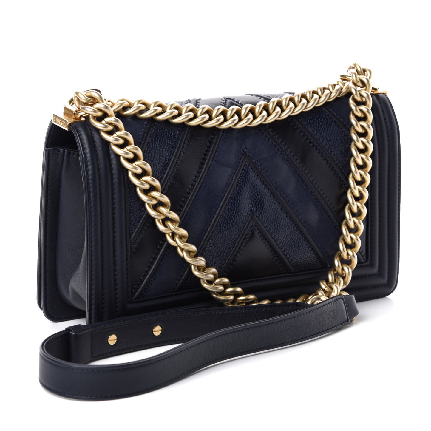 Caviar Suede Calfskin Chevron Medium Boy Flap Navy