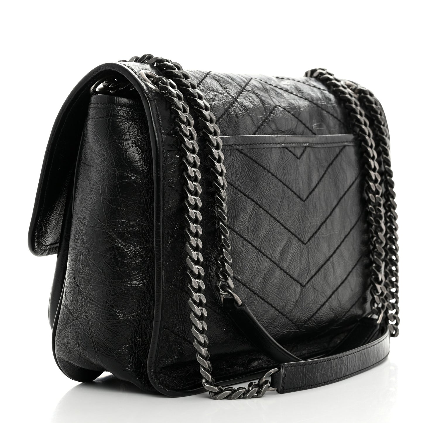 Crinkled Calfskin Matelasse Monogram Medium Niki Chain Satchel Black