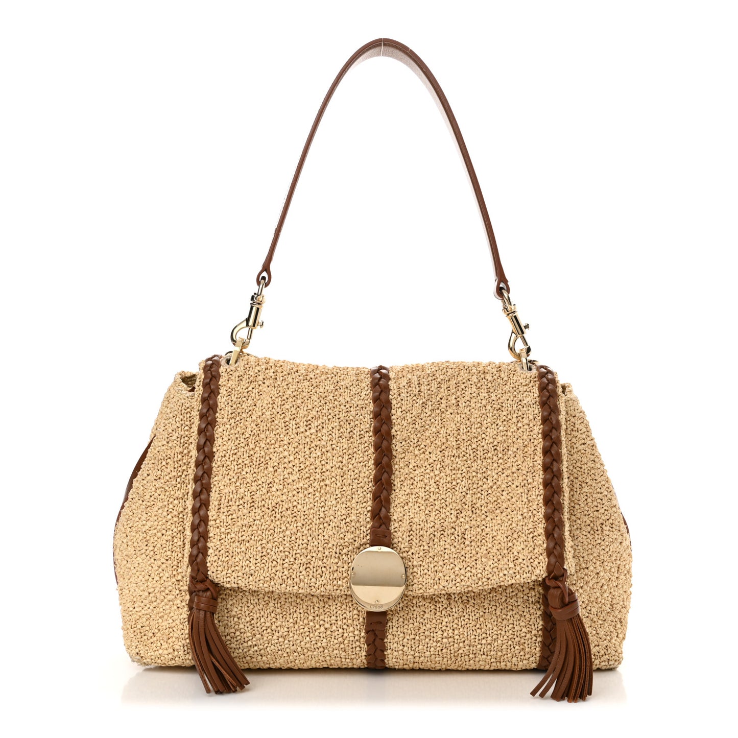 Raffia Calfskin Medium Penelope Shoulder Bag Tan
