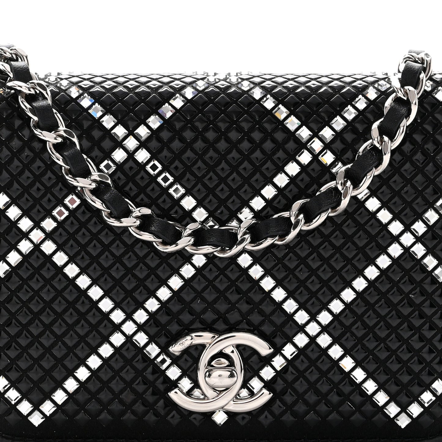 Lambskin Crystal Quilted Mini Chain Belt Bag Black