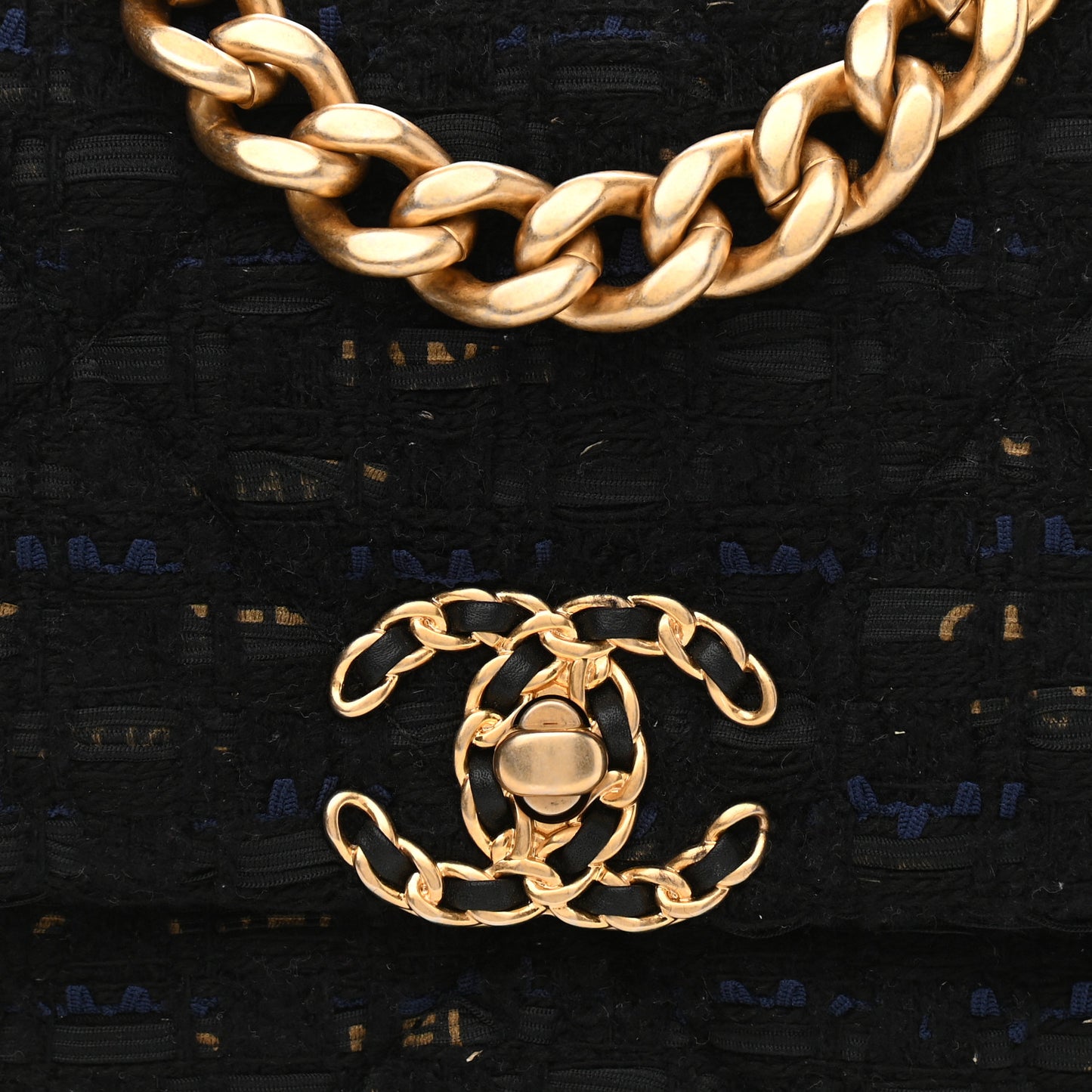 Tweed Quilted Medium Chanel 19 Flap Black Navy Gold