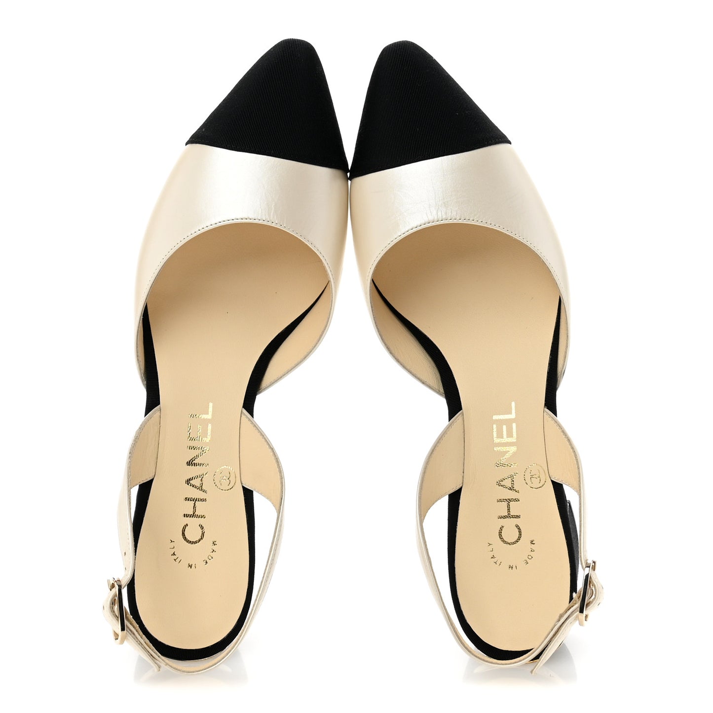 Iridescent Calfskin Grosgrain Cap Toe CC Slingback Pumps 36 White Black