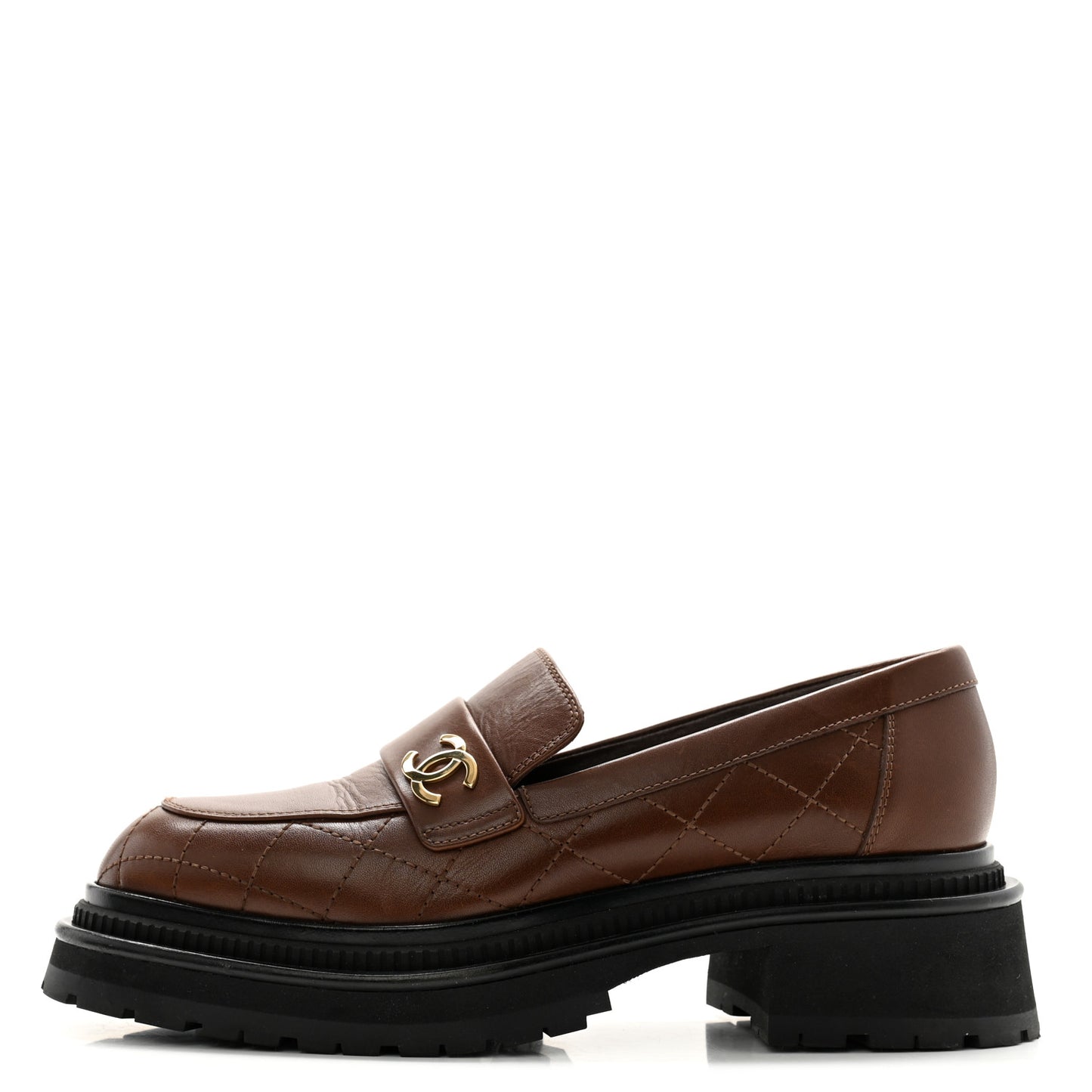 Calfskin Quilted CC Mocassin Loafers 38.5 Brown