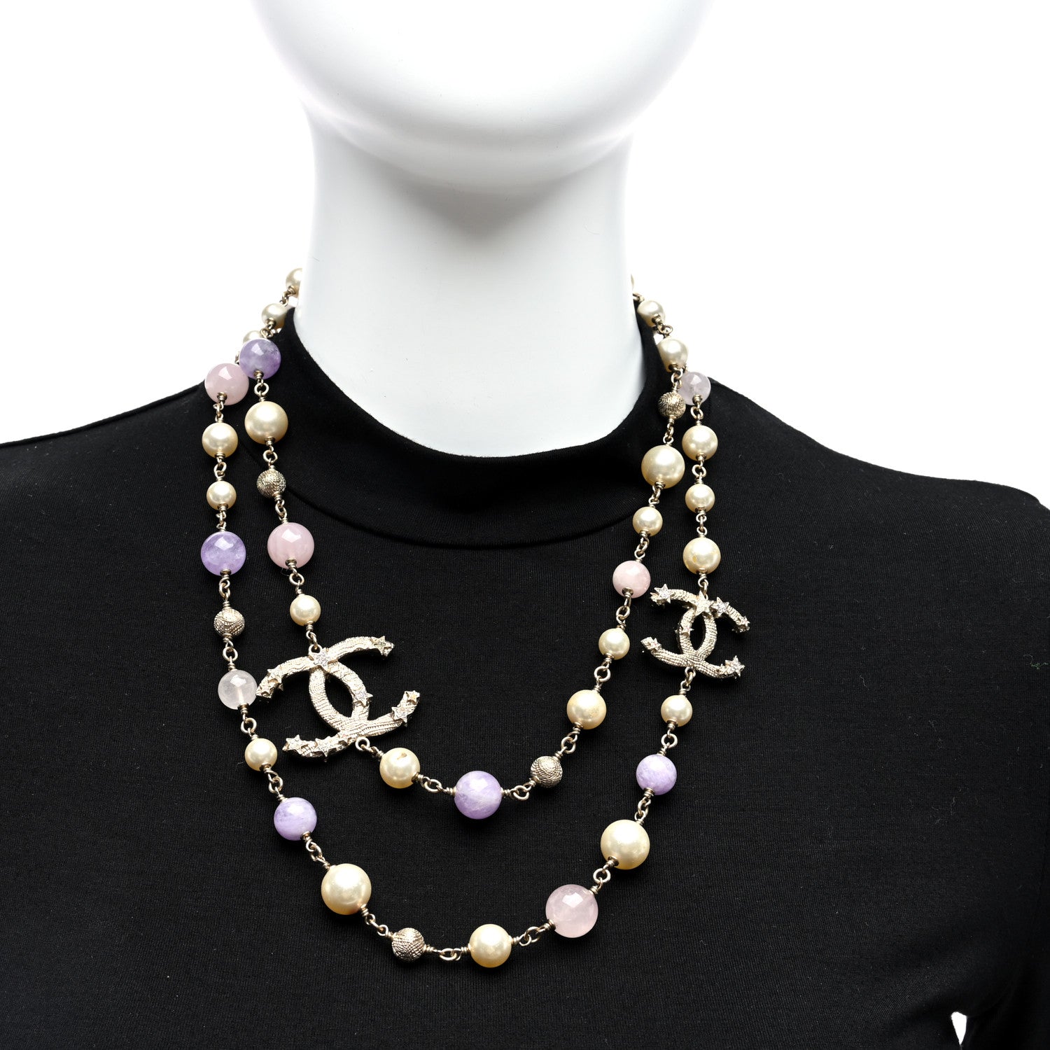 Chanel Pearl Crystal Bead CC Long Necklace Silver Purple 2 of 4