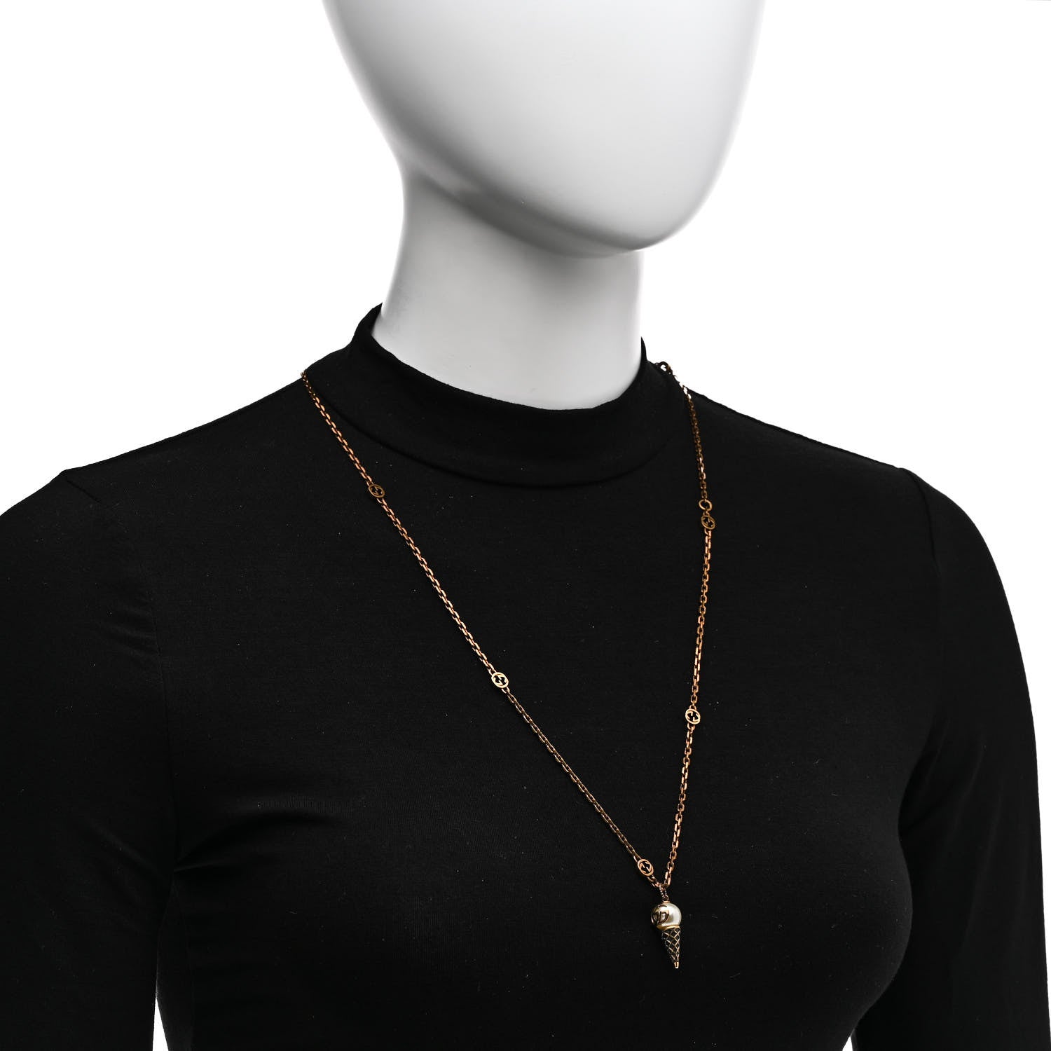 Gucci Metal Pearl Double G Ice Cream Pendant Necklace Aged Gold 2 of 5