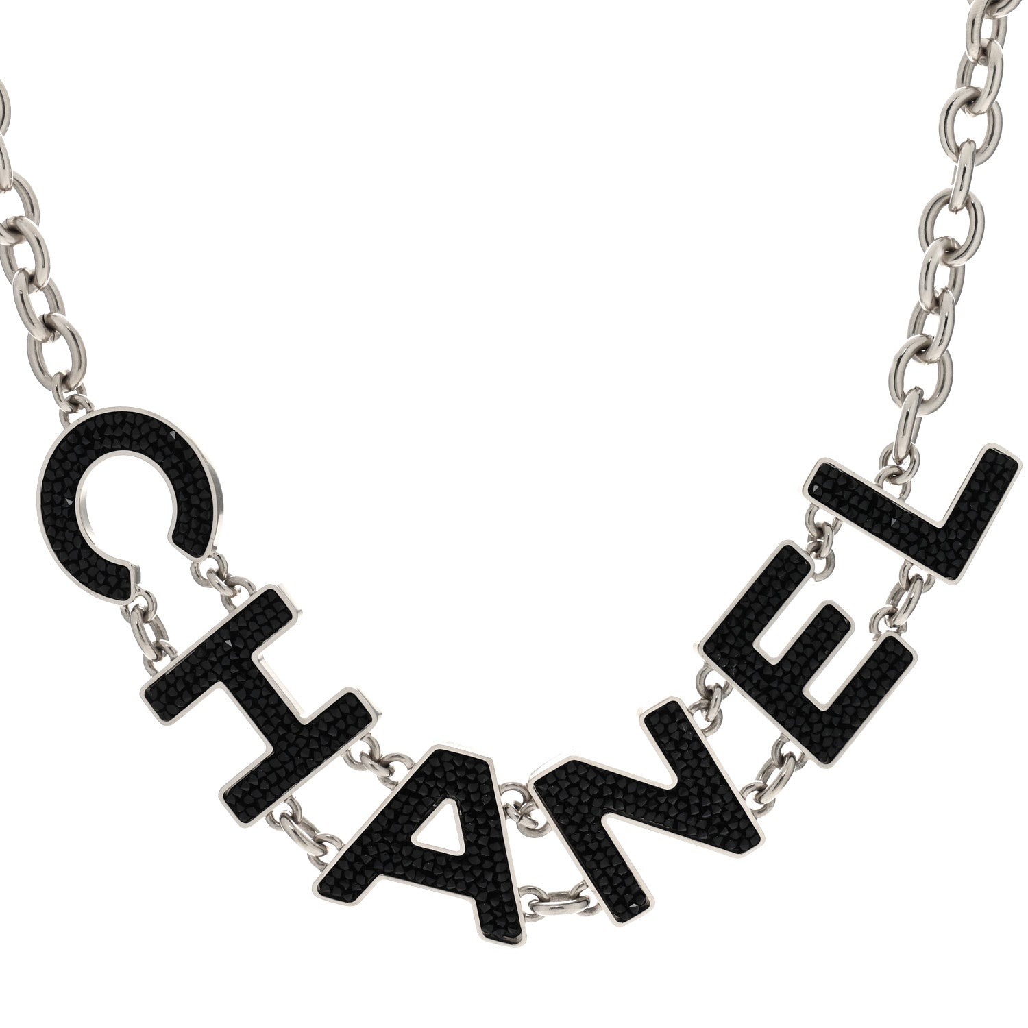 Chanel Crystal Logo Necklace Black Silver 1 of 4