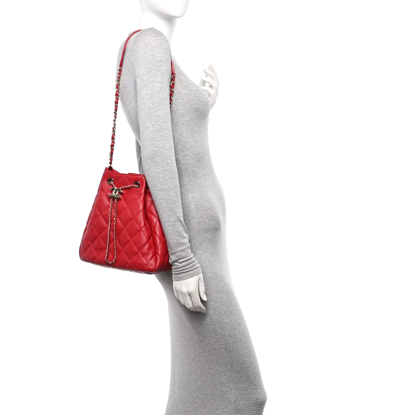 Lambskin Quilted Chain Drawstring Bag Red