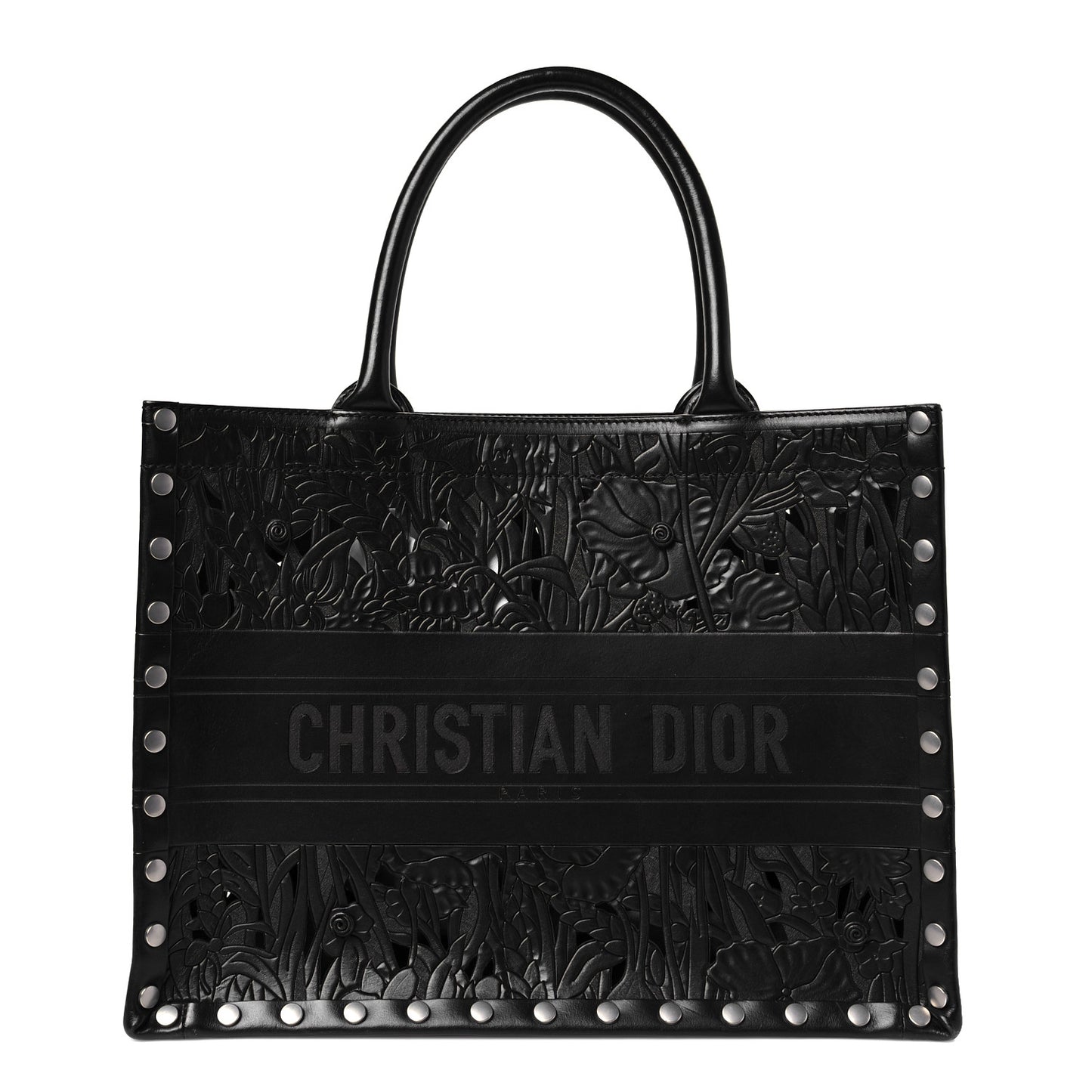 Calfskin Laser Cut Studded Medium Book Tote Black
