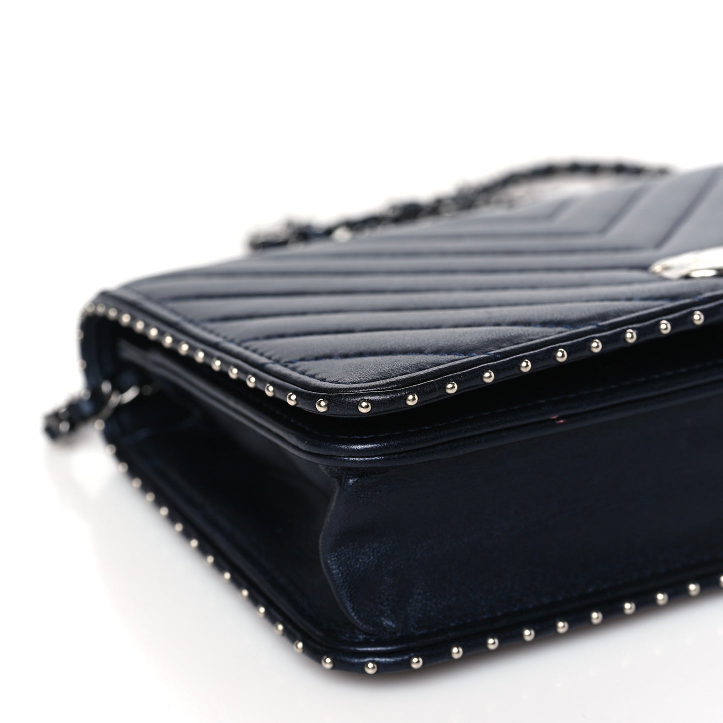 Lambskin Chevron Quilted Studded Wallet On Chain WOC Navy