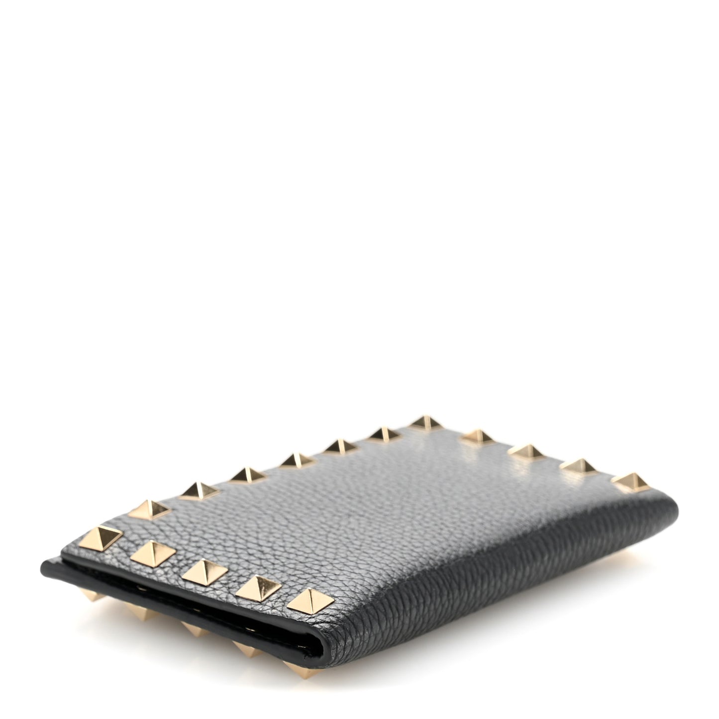 Pebbled Calfskin Rockstud Coin Case Card Holder Black