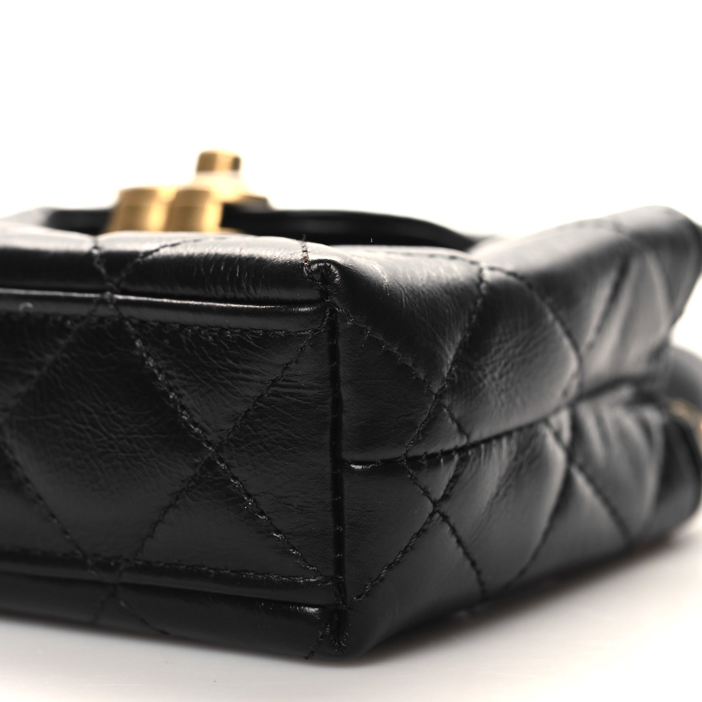 Shiny Aged Calfskin Quilted Mini Nano Kelly Shopper Black