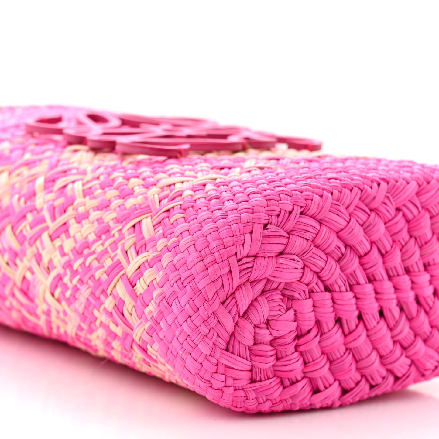 Iraca Palm Calfskin Anagram Square Pocket Bucket Bag Natural Fuchsia