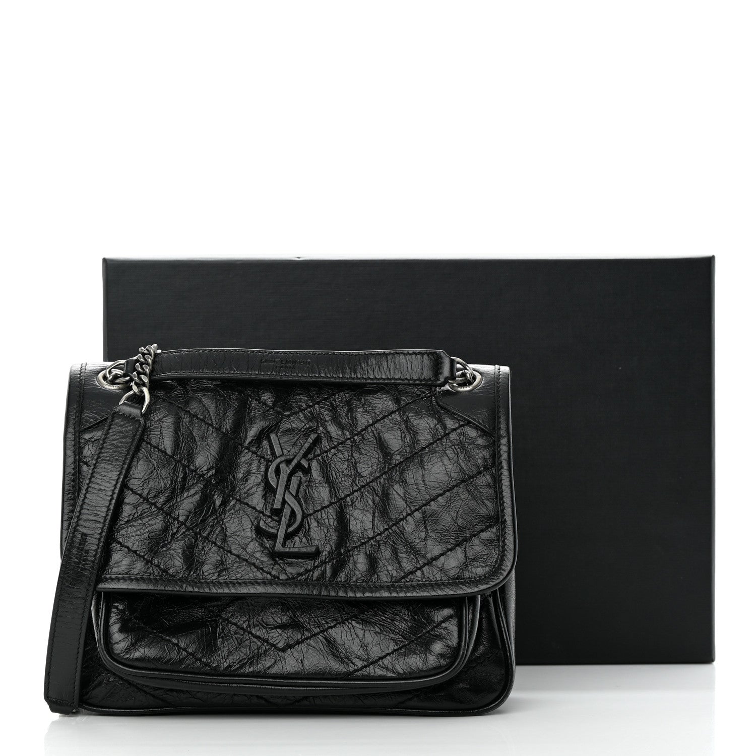Saint Laurent Crinkled Calfskin Matelasse Monogram Baby Niki Chain Satchel Black 15 of 15