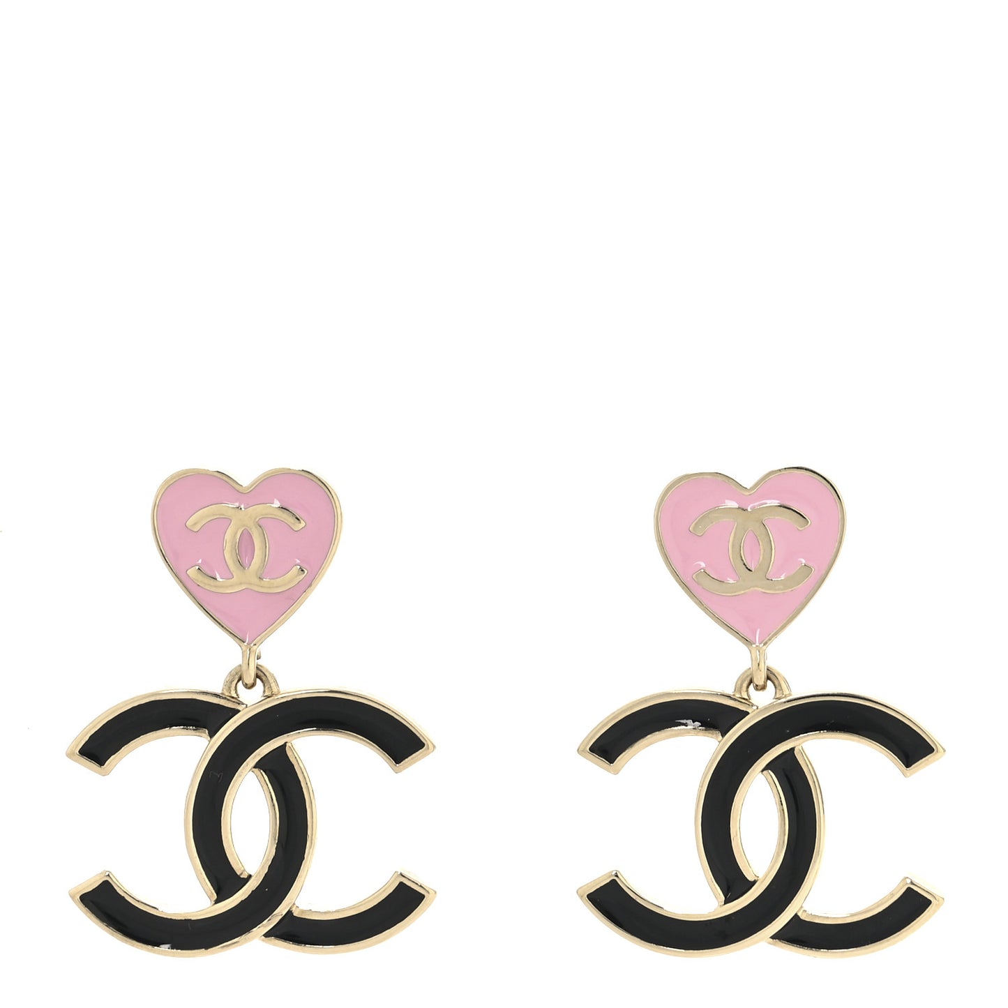 Metal Enamel CC Heart Drop Earrings Gold Black Pink