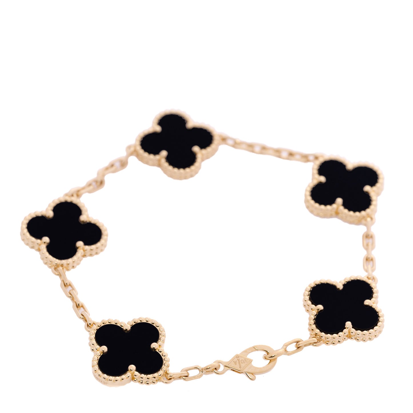 18K Yellow Gold Black Onyx 5 Motifs Vintage Alhambra Bracelet