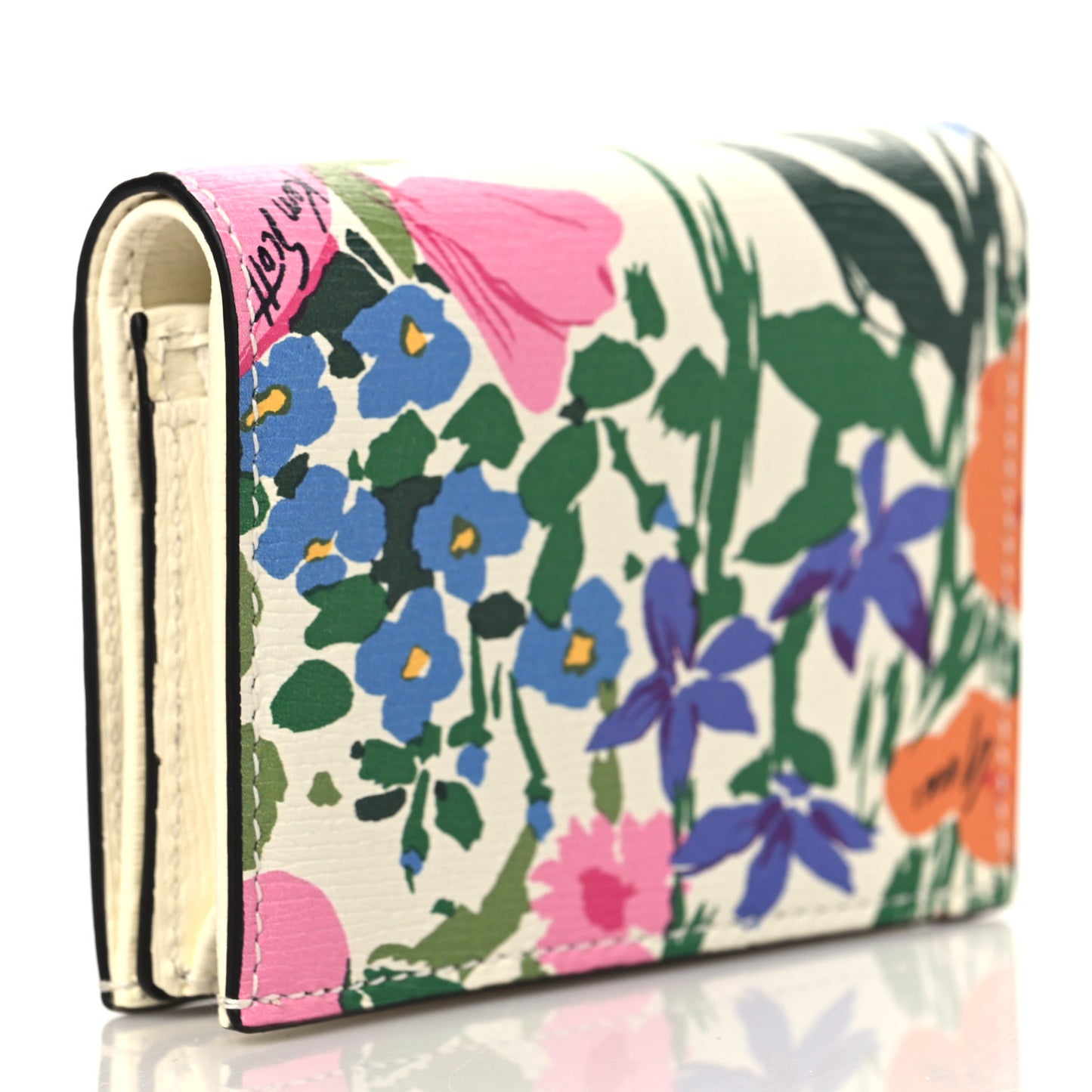 X KEN SCOTT New Shangai Calfskin Jardin D'Avril Floral Print Horsebit 1955 Card Case Wallet Ivory Pink