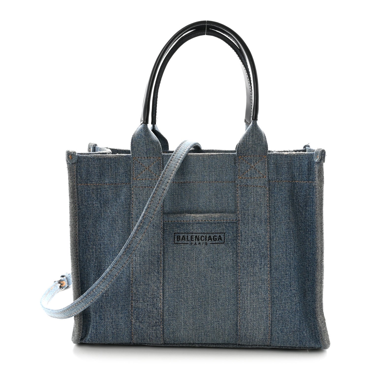 Balenciaga Washed Frayed Denim Logo Small Hardware Tote Blue