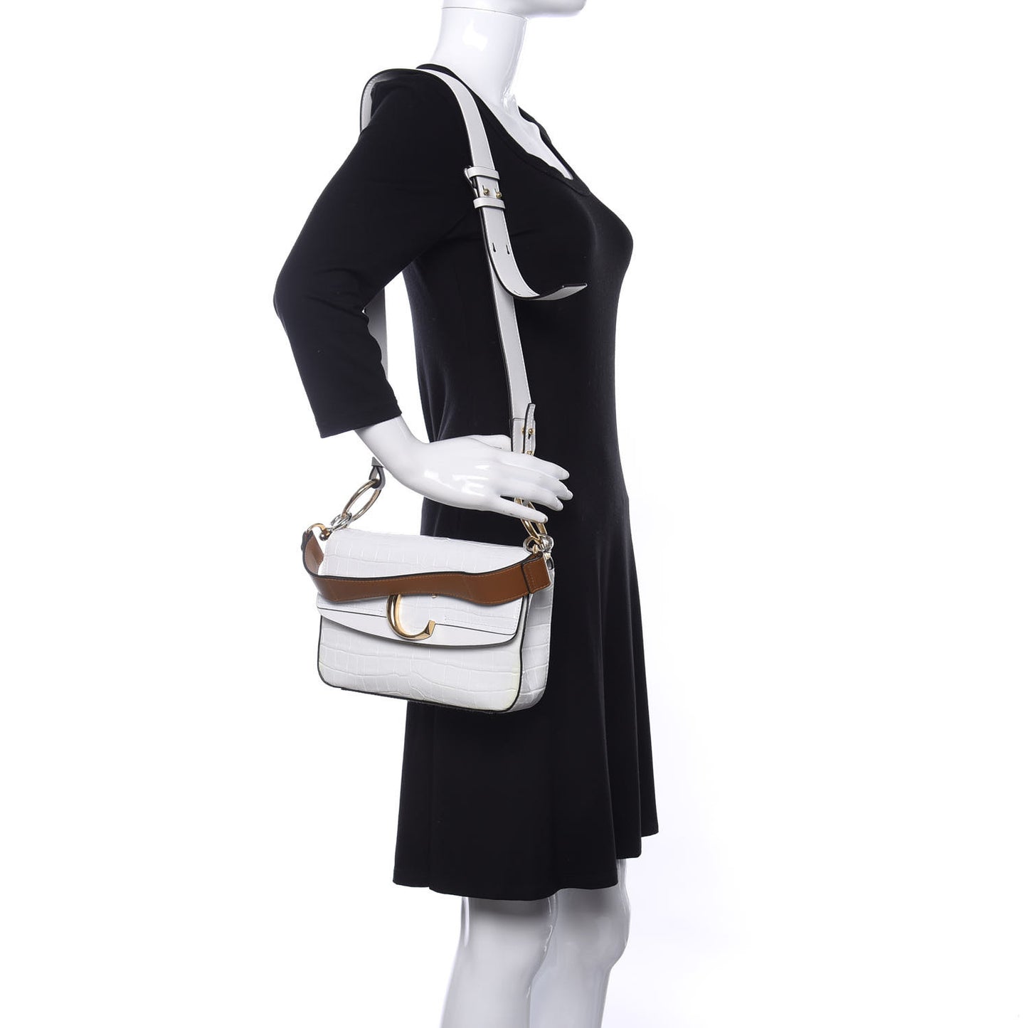Calfskin Crocodile Embossed Small C Double Carry Brilliant White