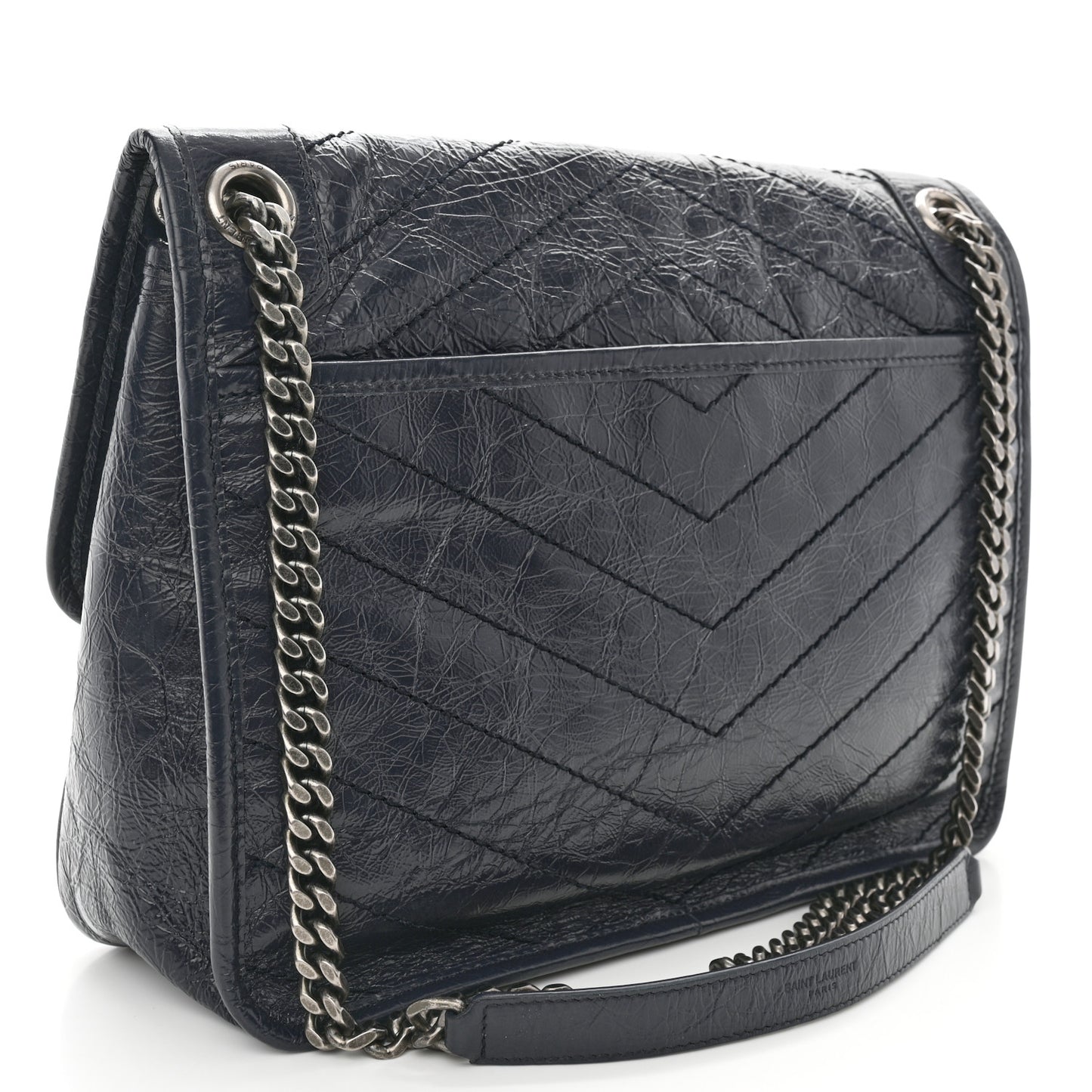 Crinkled Calfskin Matelasse Monogram Medium Niki Chain Satchel Deep Marine