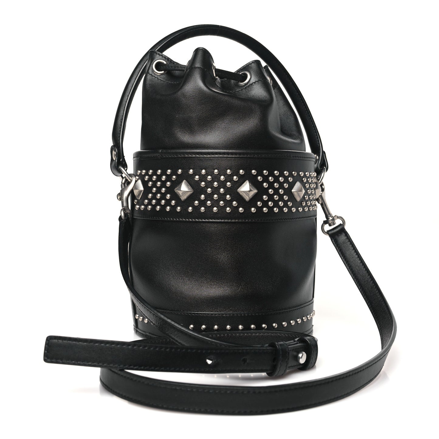 Smooth Calfskin Studded Small Bahia Drawstring Bucket Bag Black