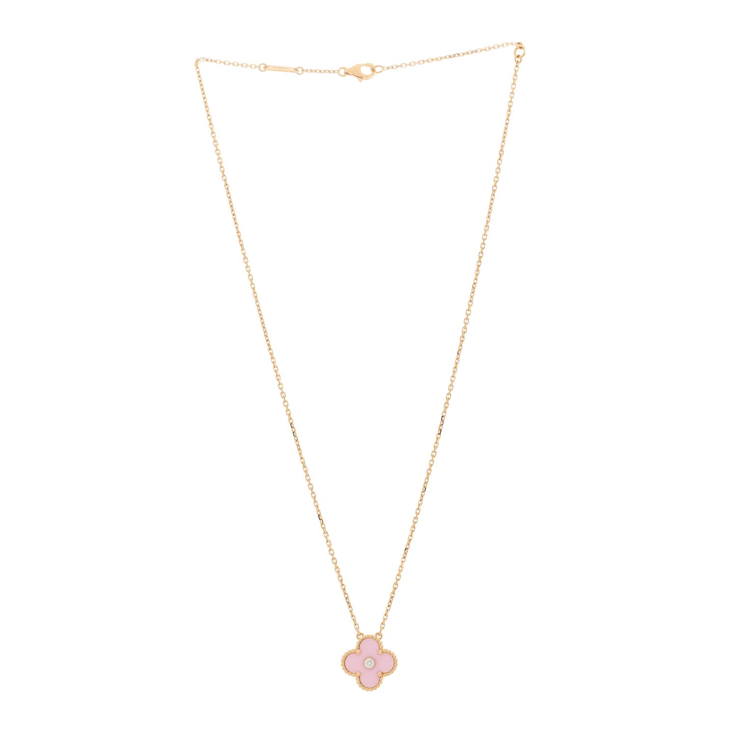 18K Rose Gold Diamond Pink Porcelain Vintage Alhambra Pendant Necklace