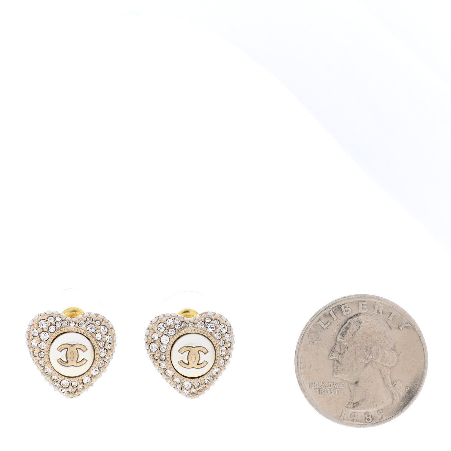 Chanel Pearl Crystal CC Heart Earrings Gold White 2 of 5