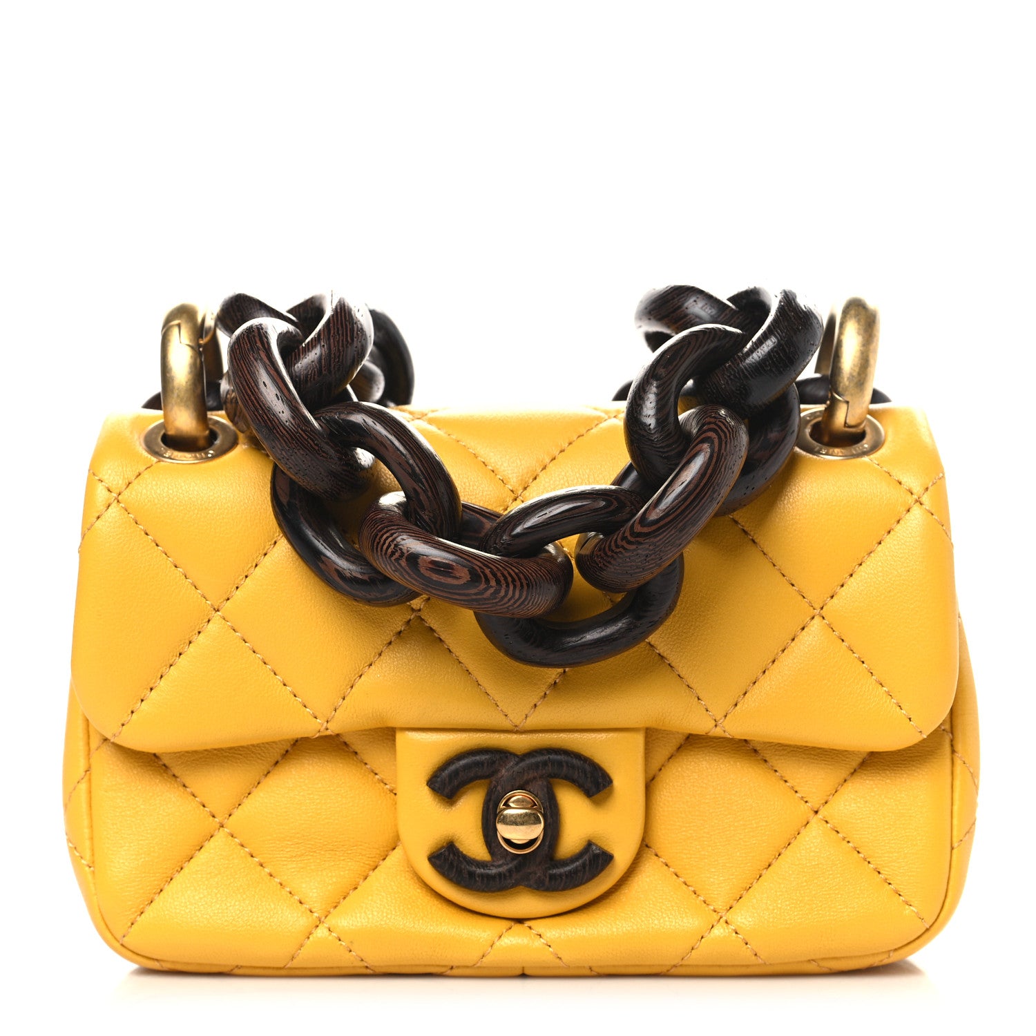 Chanel Lambskin Wenge Quilted Mini Fashion Wood Square Flap Yellow