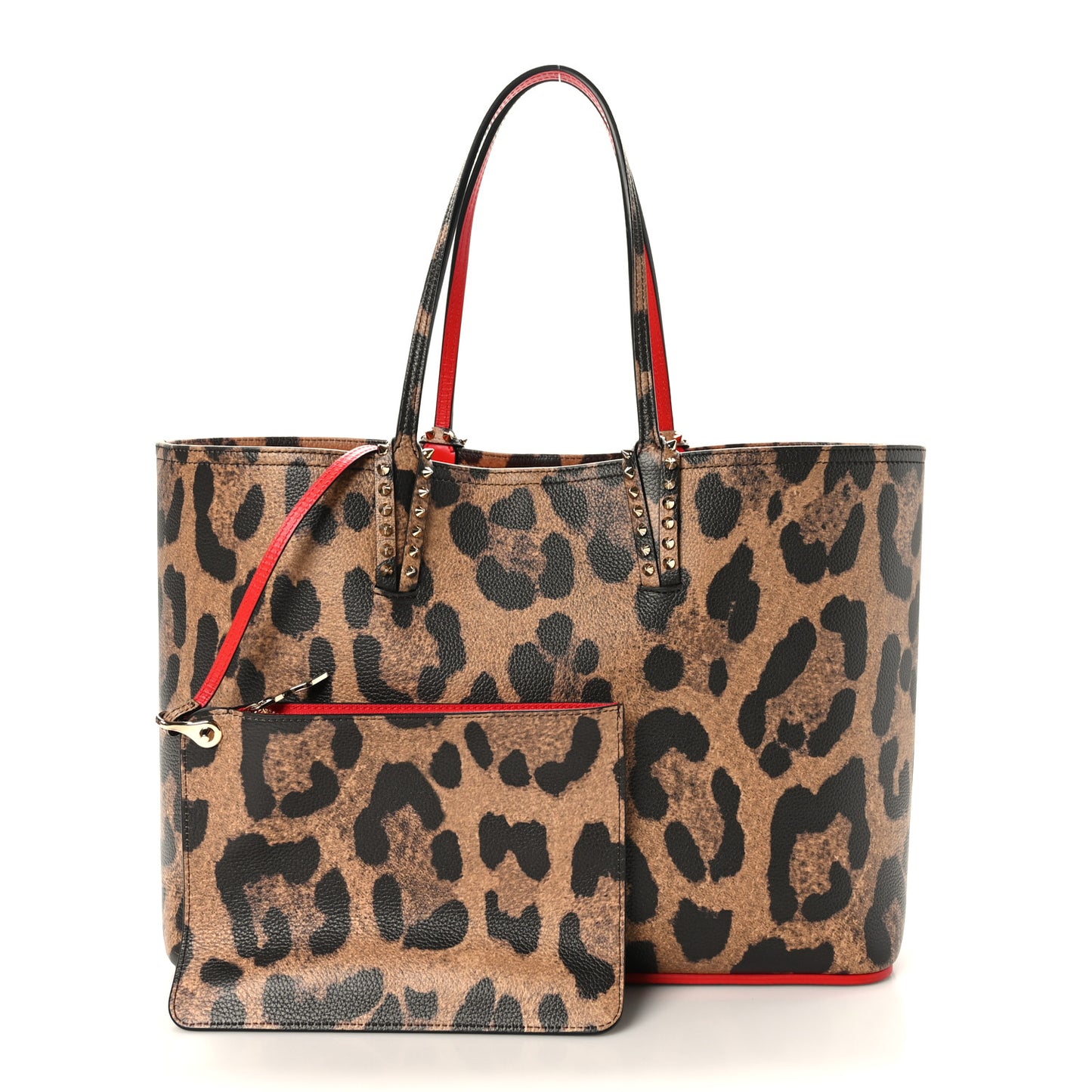 Calfskin Leopard Print Spikes East West Cabata Tote Brown